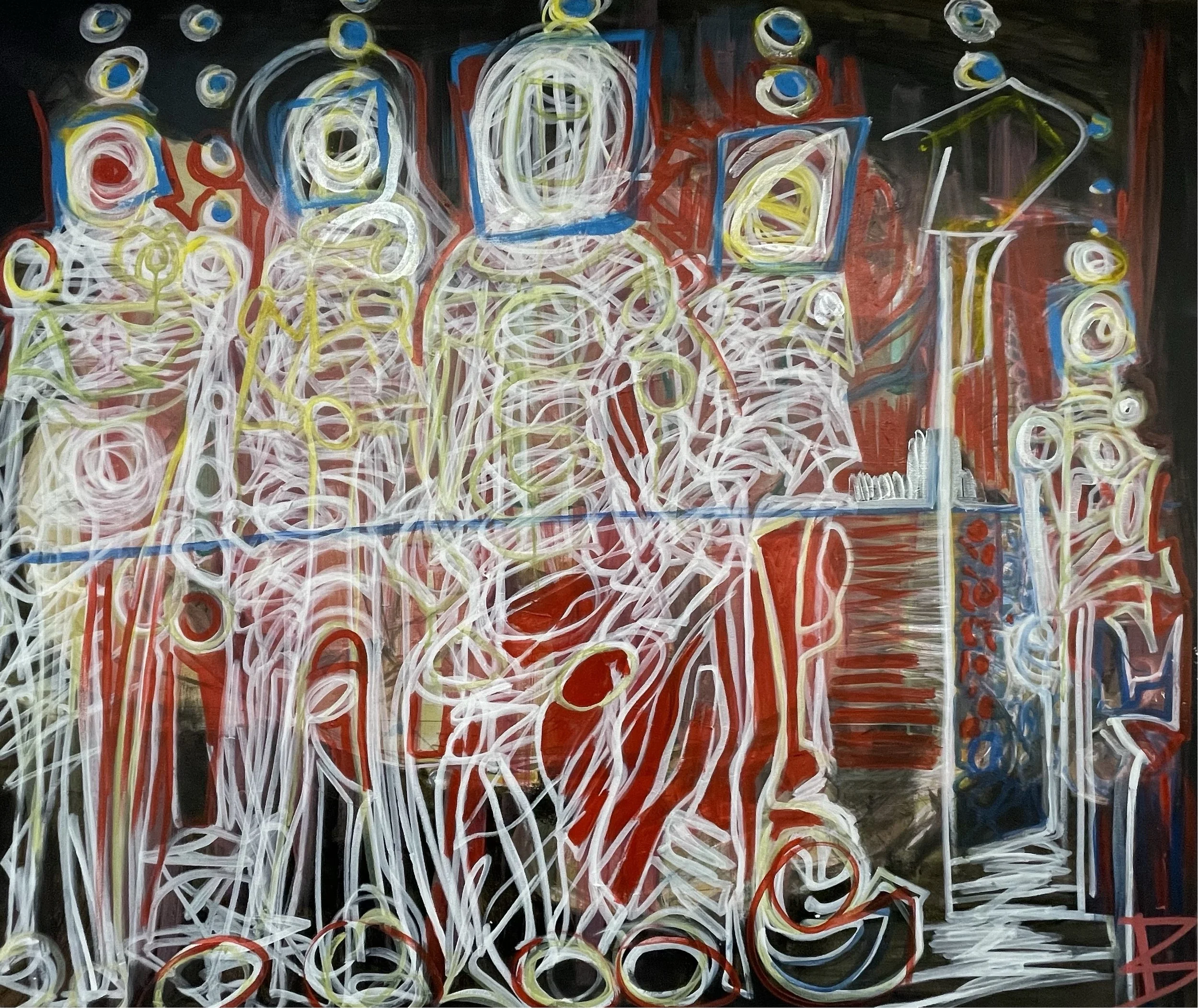 Abstract colorful painting with overlapping lines and shapes, including circles, rectangles, and a martini glass, on a predominantly dark background.