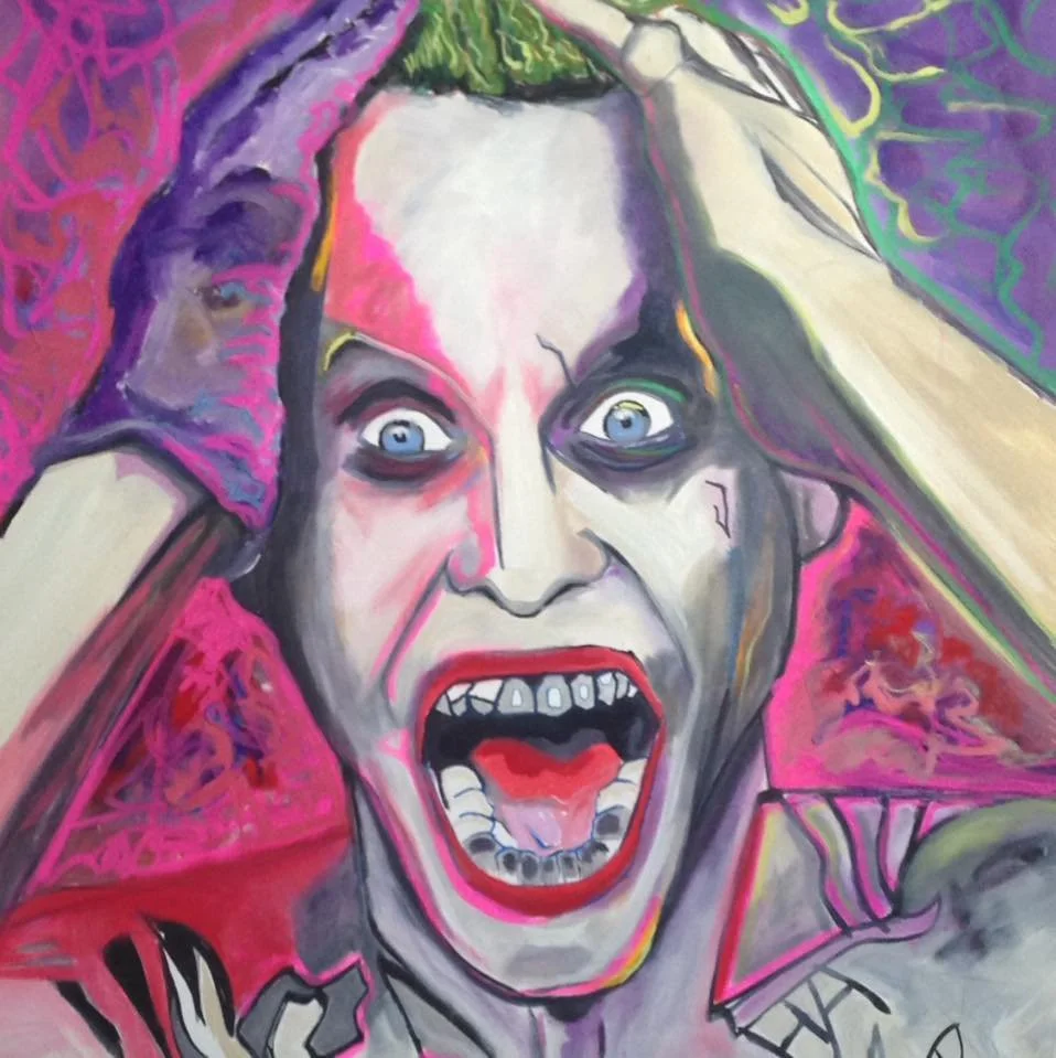 Colorful painting of a screaming woman with wide eyes, open mouth showing teeth, and hands on her head, with vibrant pink, purple, and green background.