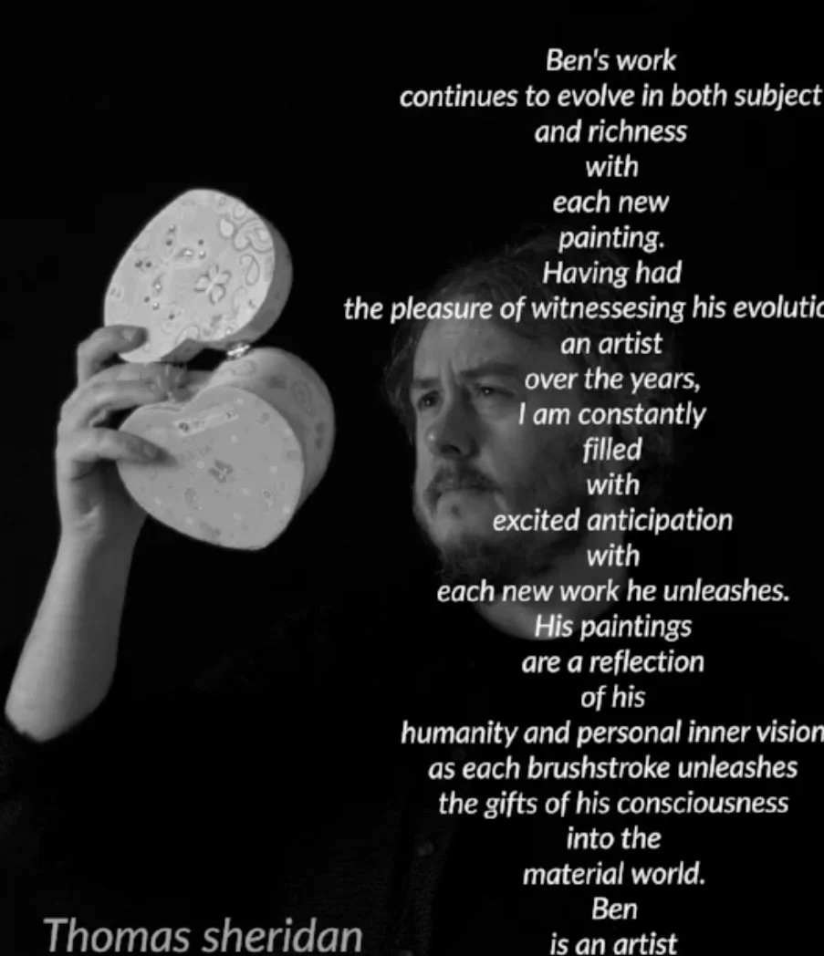 Black and white photo of a man holding two round objects, with a poetic quote about an artist's work overlayed on the right side.
