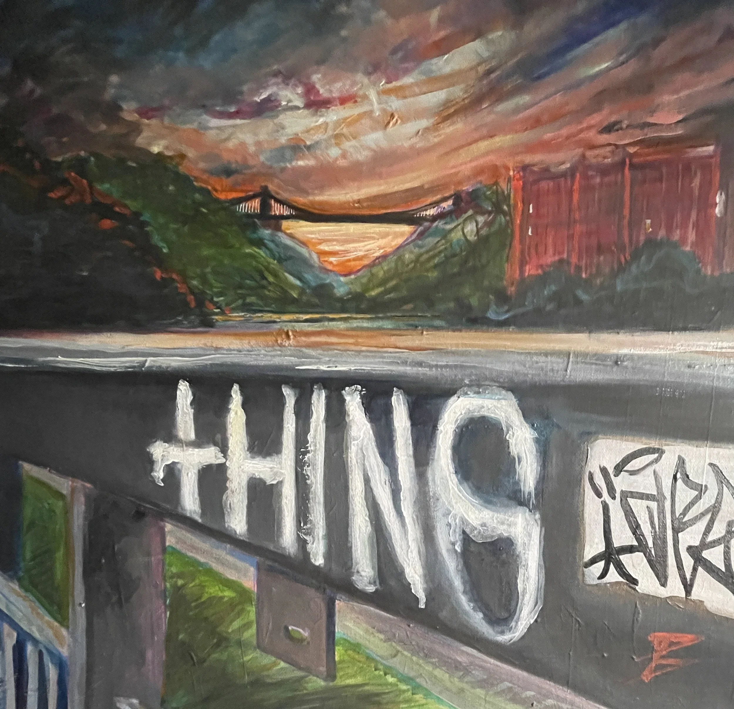 A colorful painting featuring the Golden Gate Bridge on the horizon over landscape hills during sunset in the background. The foreground shows a wall with graffiti that says 'THIN 9' and some tags.