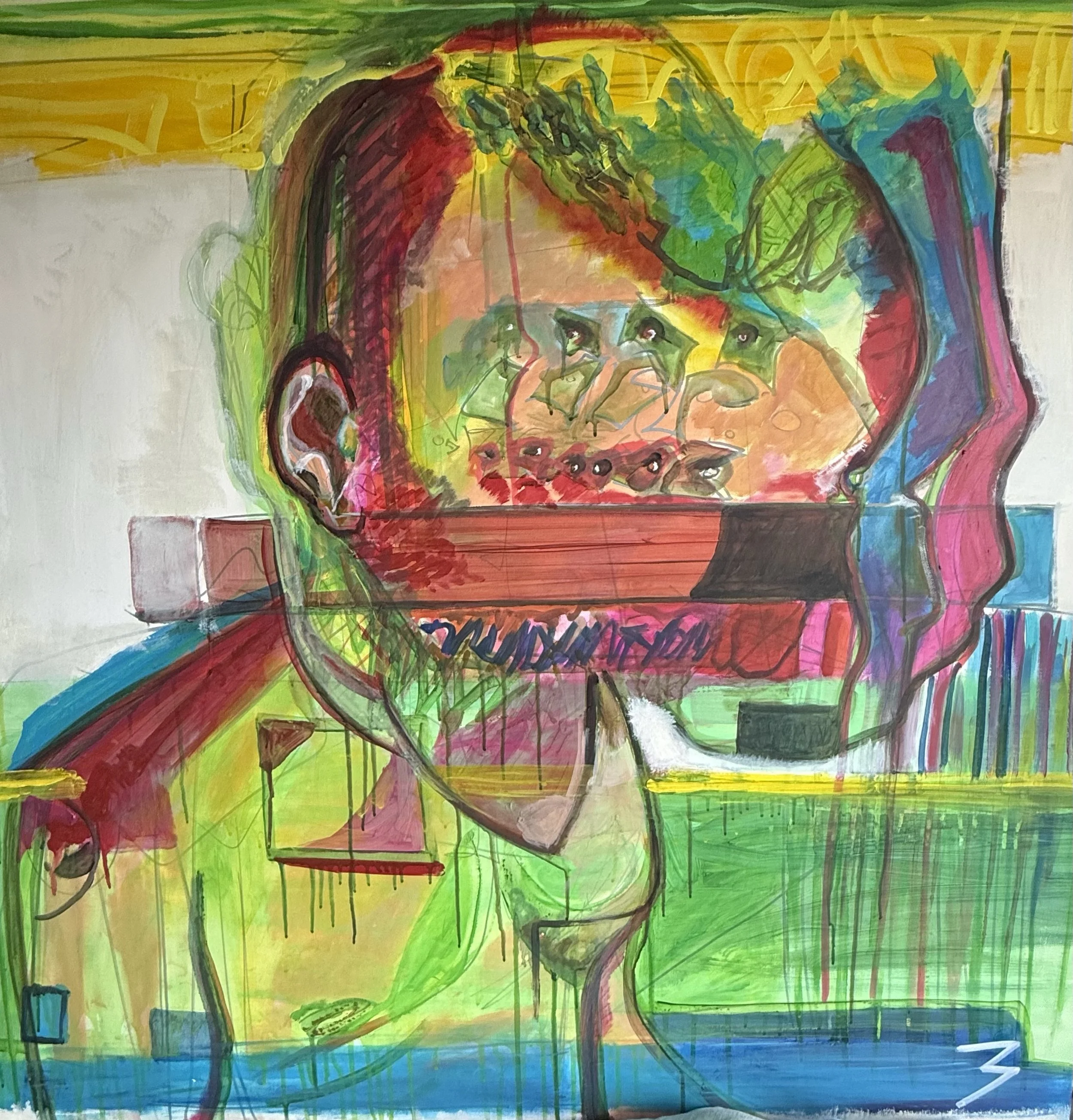 An abstract, colorful painting featuring a face with multiple overlapping and distorted features, including eyes, nose, mouth, and hair, with vibrant use of red, green, yellow, pink, blue, and black colors.