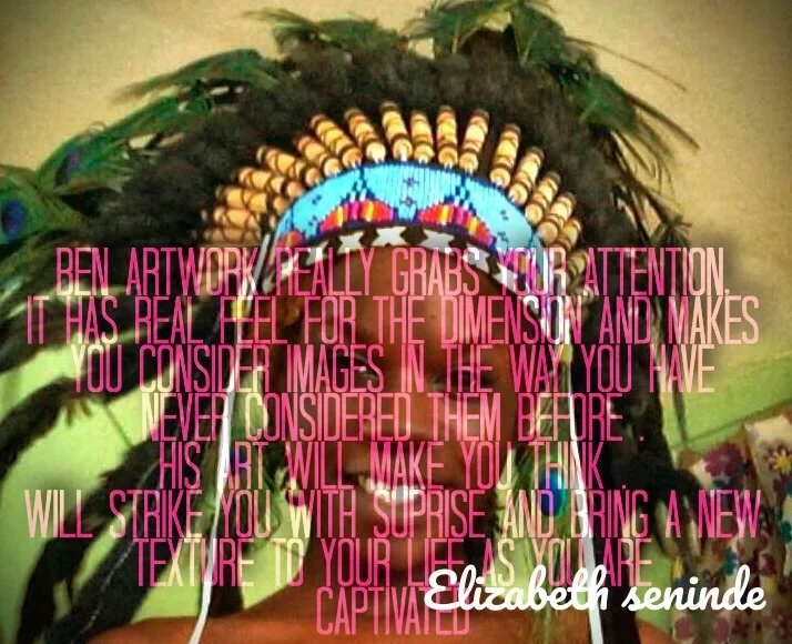 Close-up of a person wearing a colorful feathered headdress with an elaborate beaded band and a painted face. Overlaid with a quote about artwork.