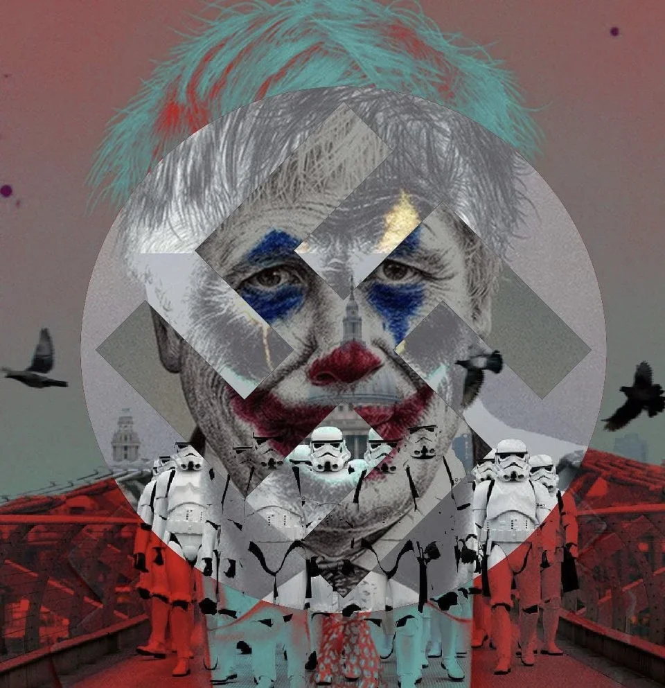 A collage featuring a clown with clown makeup and hair, a scene of stormtroopers from Star Wars, a bridge with the U.S. Capitol building in the background, and birds flying in the sky.