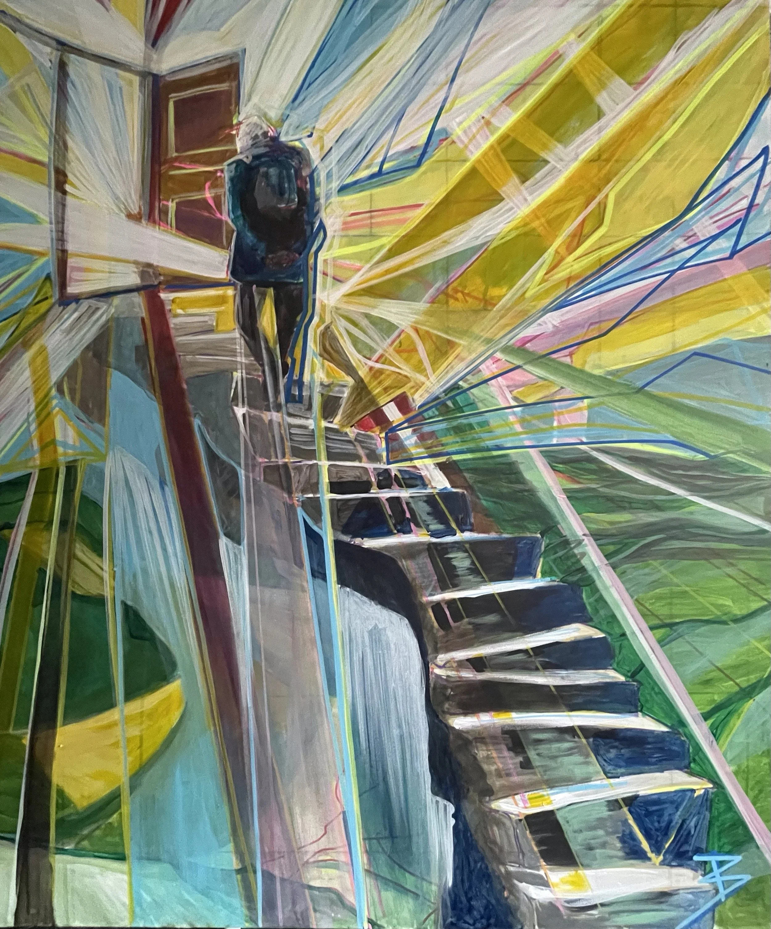 A person wearing a hoodie and backpack walking down an abstract, colorful pathway resembling piano keys surrounded by bright, dynamic geometric shapes and lines.
