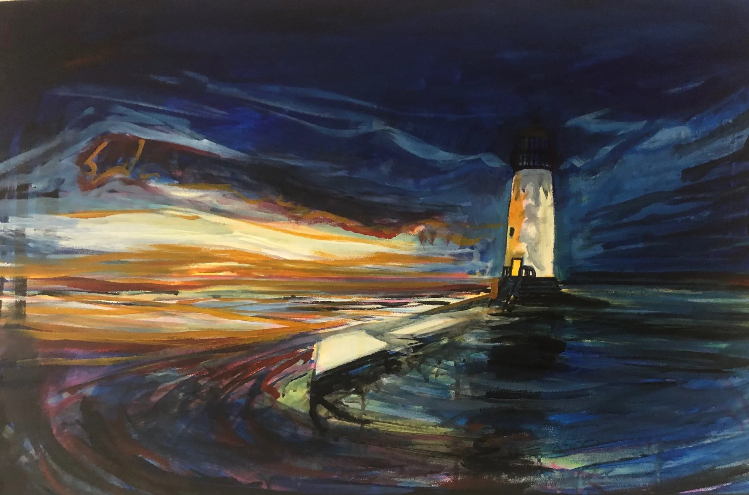 Painting of a lighthouse on a dark coastline at sunset, with swirling clouds and vibrant colors in the sky.