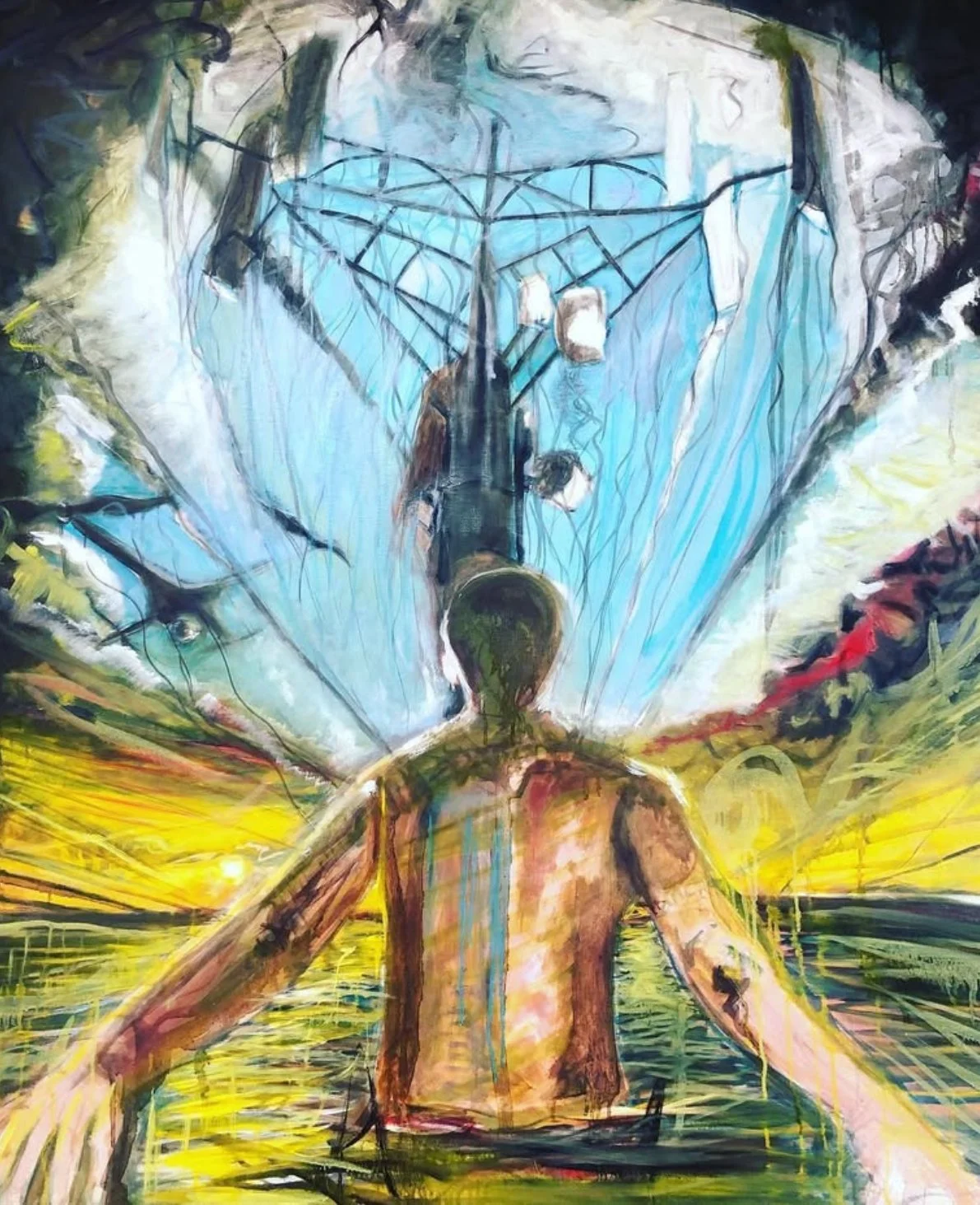 Painting of a person sitting with their back toward the viewer, with an abstract long-necked figure and geometric structures in the sky above, using vibrant colors including yellow, blue, and green.