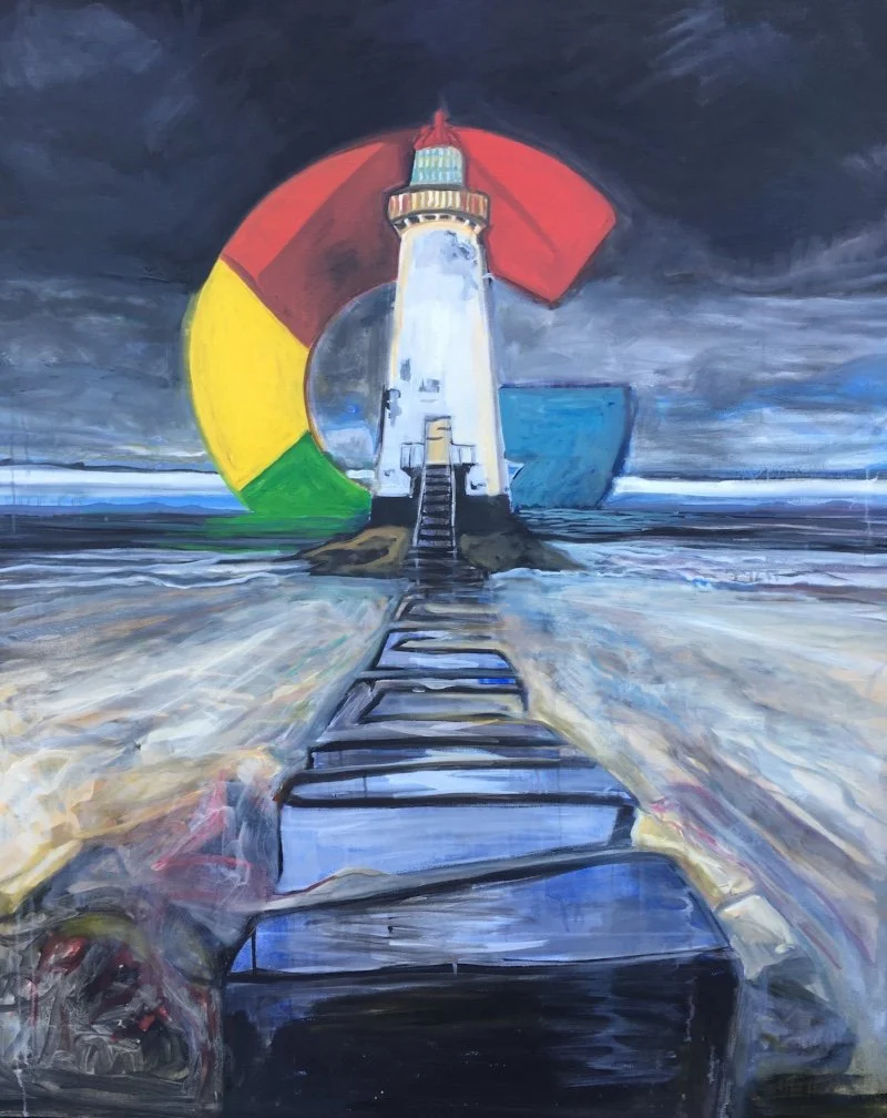 A painting of a lighthouse on a beach with a pathway leading to it, with a Google logo in the background.