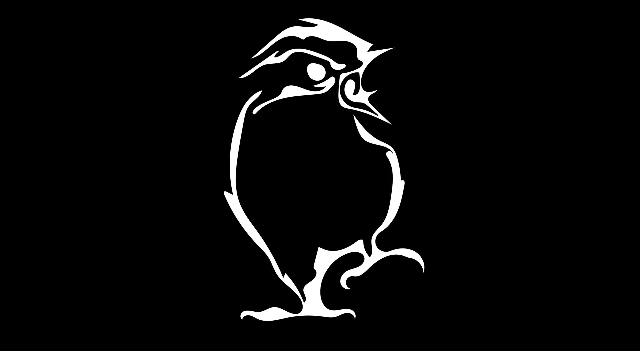 Black and white stylized outline of a penguin on a black background.