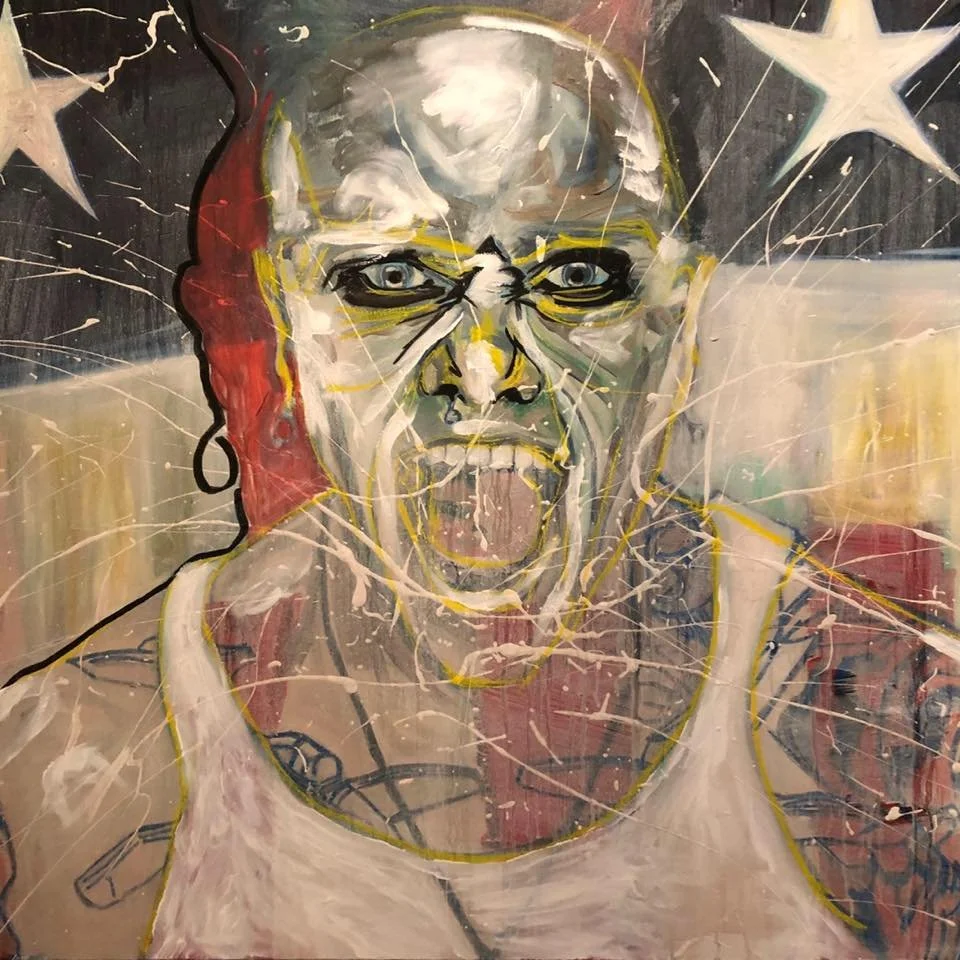 Street art portrait of a woman with glasses, earrings, and tattoos, with an expressive face and an open mouth.