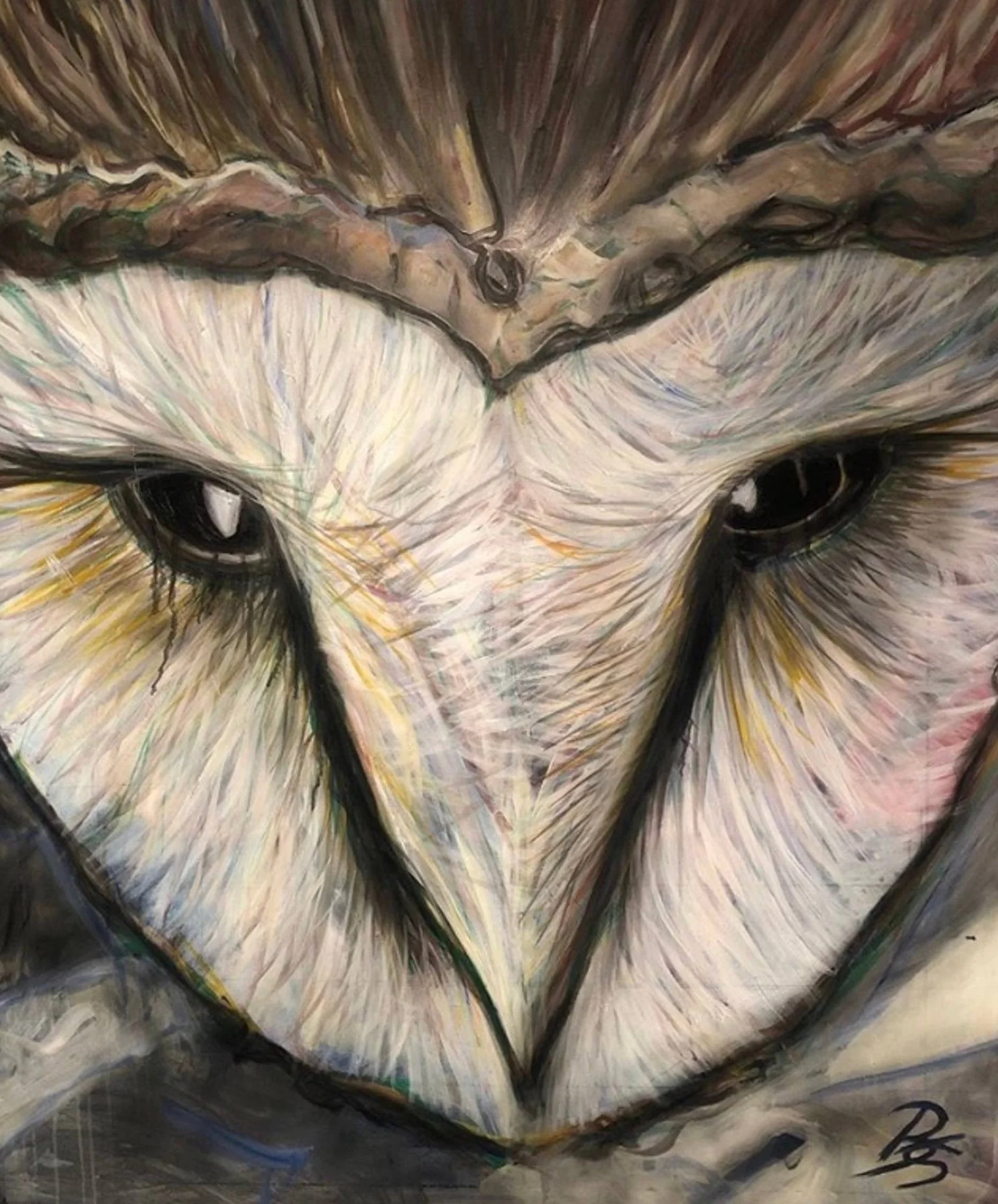 Close-up of an abstract painting of a cat's face with detailed fur, yellow highlights, and dark eyes.