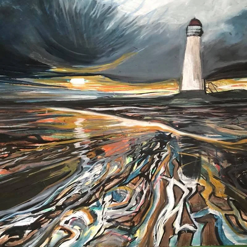 Abstract painting of a lighthouse near the coast at sunset, with dark stormy clouds overhead and colorful reflections on the water and wet ground.