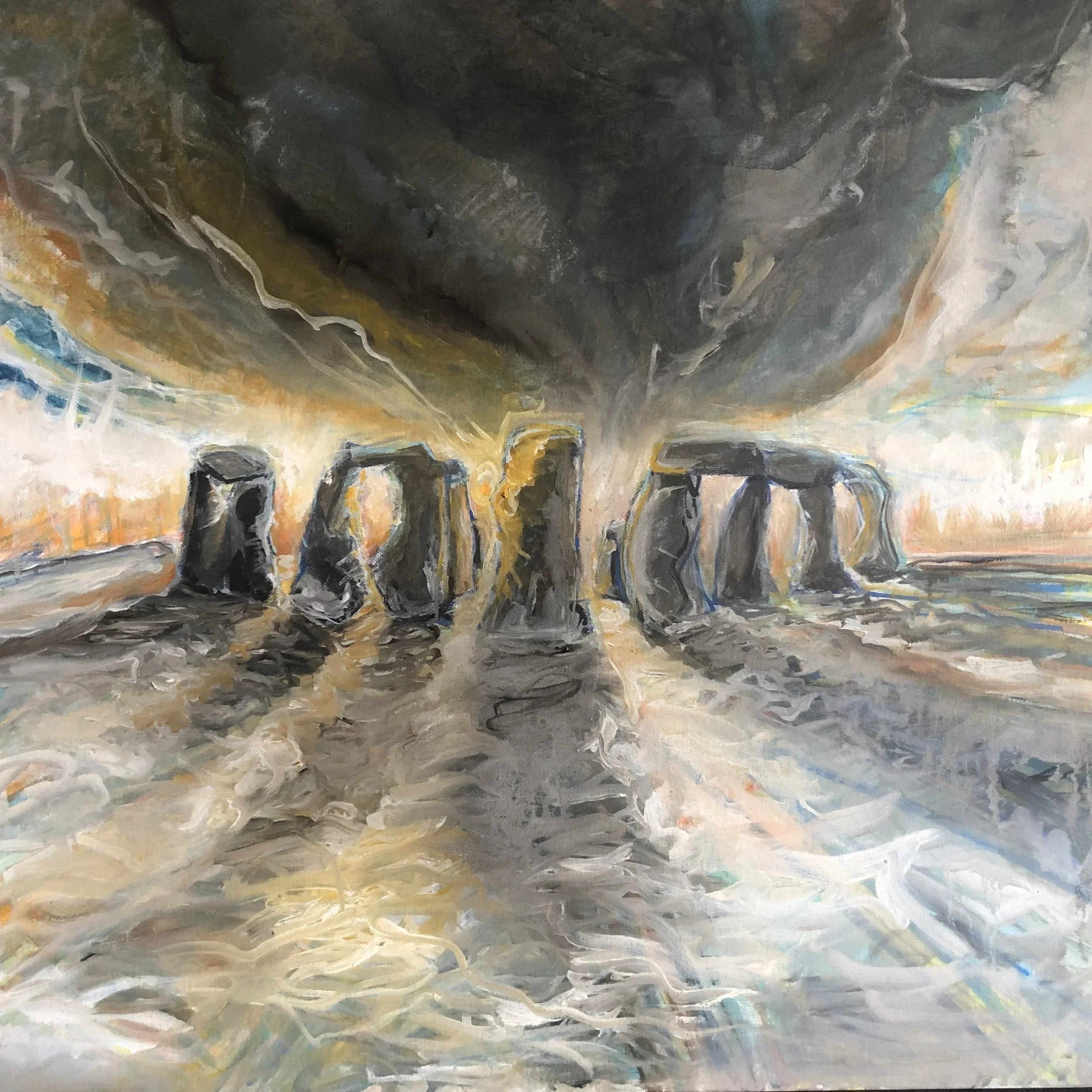 A colorful abstract painting of Stonehenge with a dark stormy sky overhead.