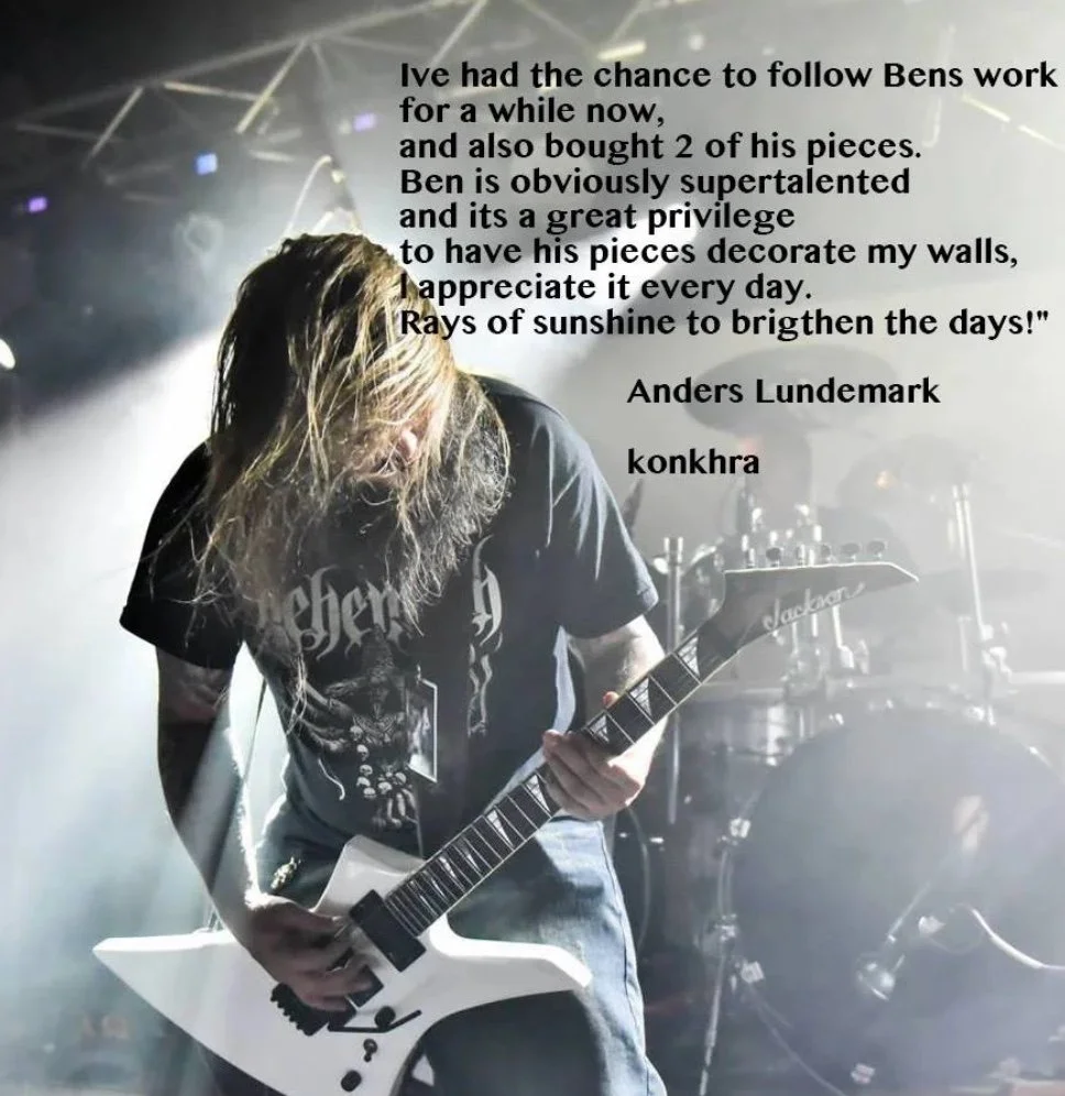 A guitarist with long hair playing an electric guitar on stage with lighting effects, and a quote by Anders Lundemark overlaid on the top right of the image.