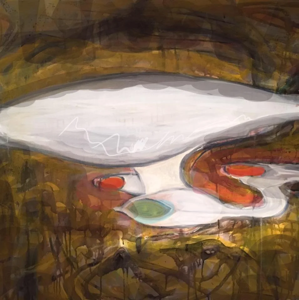 An abstract painting of a face with closed eyes and a large white mouth, with a mix of brown, yellow, and red colors.