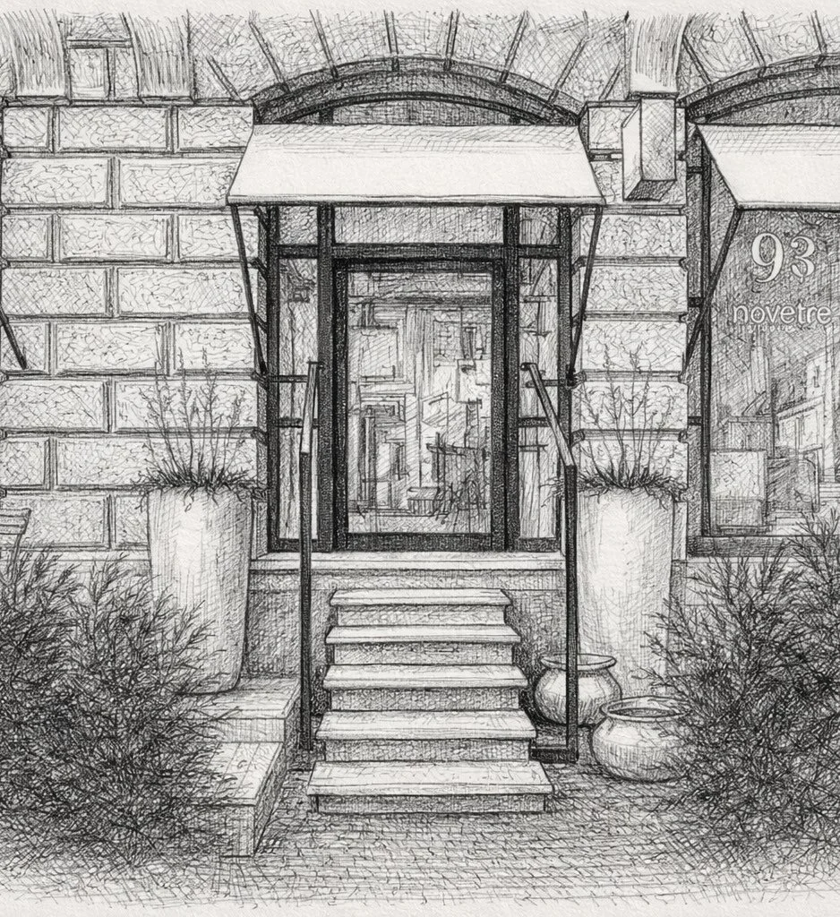 Skizze eines Hauszugangs mit Treppe, zwei großen Pflanzkübeln und einem Glasvordach, angelegt in einem Stein- oder Backstein-Design.