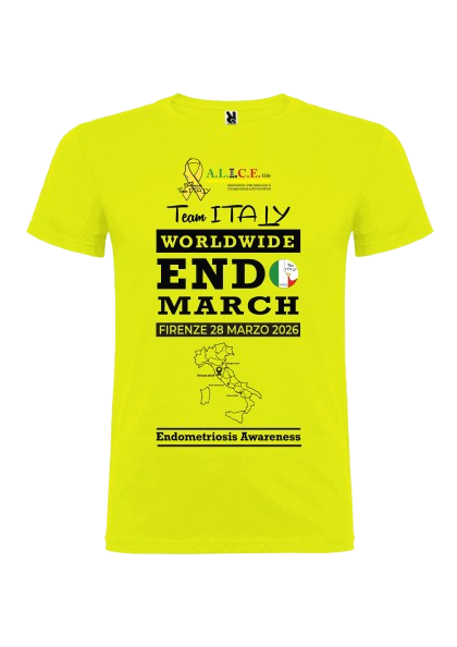 Maglietta gialla con scritte e grafica colore nero e rosso che promuove la consapevolezza sull'endometriosi, con riferimenti alla marcia mondiale di lotta, datata 28 marzo 2026 a Firenze.