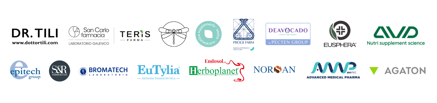 Un diagramma complesso con vari loghi di aziende nel settore farmaceutico, biotecnologico e sanitario, disposti in una sequenza integrata con frecce che indicano un processo o una rete di collaborazioni.
