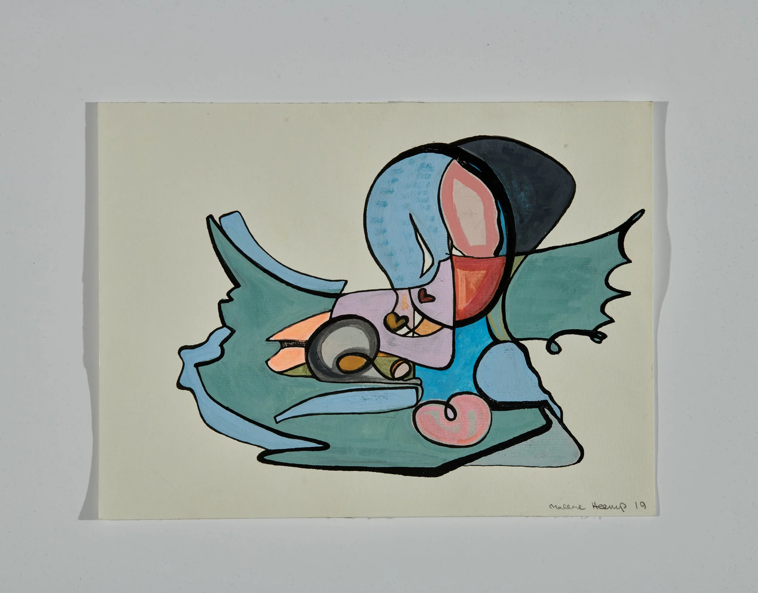 Abstract colorful painting of a rabbit with wings, holding a bottle, with a black outline and pastel colors.
