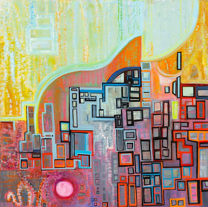 Abstract painting with geometric shapes, squares, rectangles, and lines in shades of blue, red, orange, pink, purple, and black on a multicolored background with pastel hues and textured patterns.