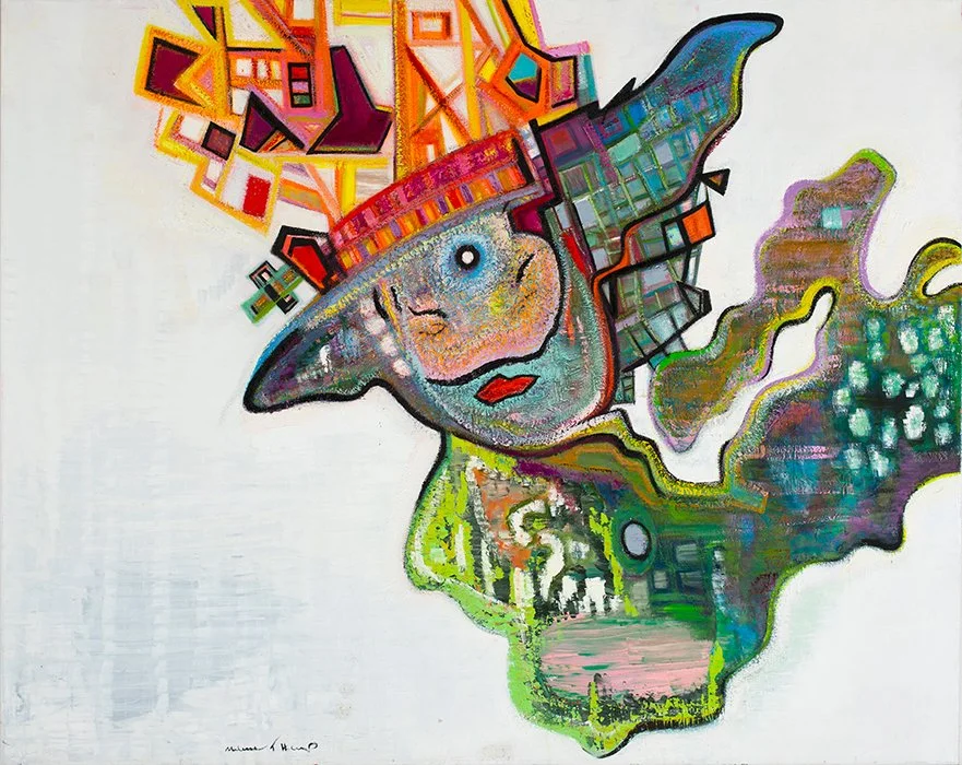 Abstract colorful artwork of a face with a distorted expression, surrounded by geometric shapes and patterns.