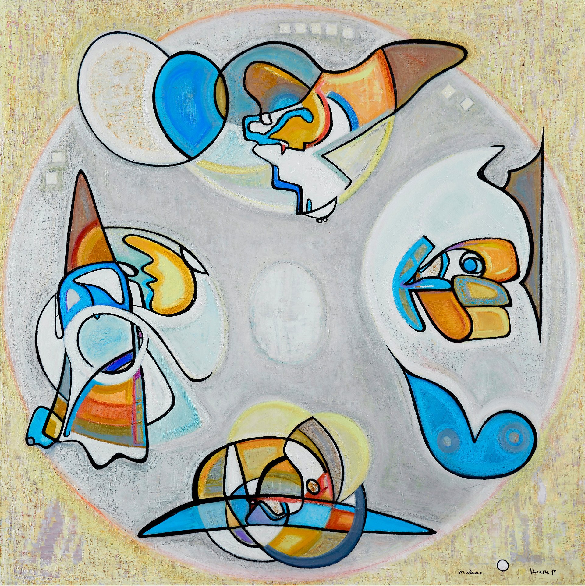 An abstract painting featuring various colorful, curved, and geometric shapes with black outlines on a light background.