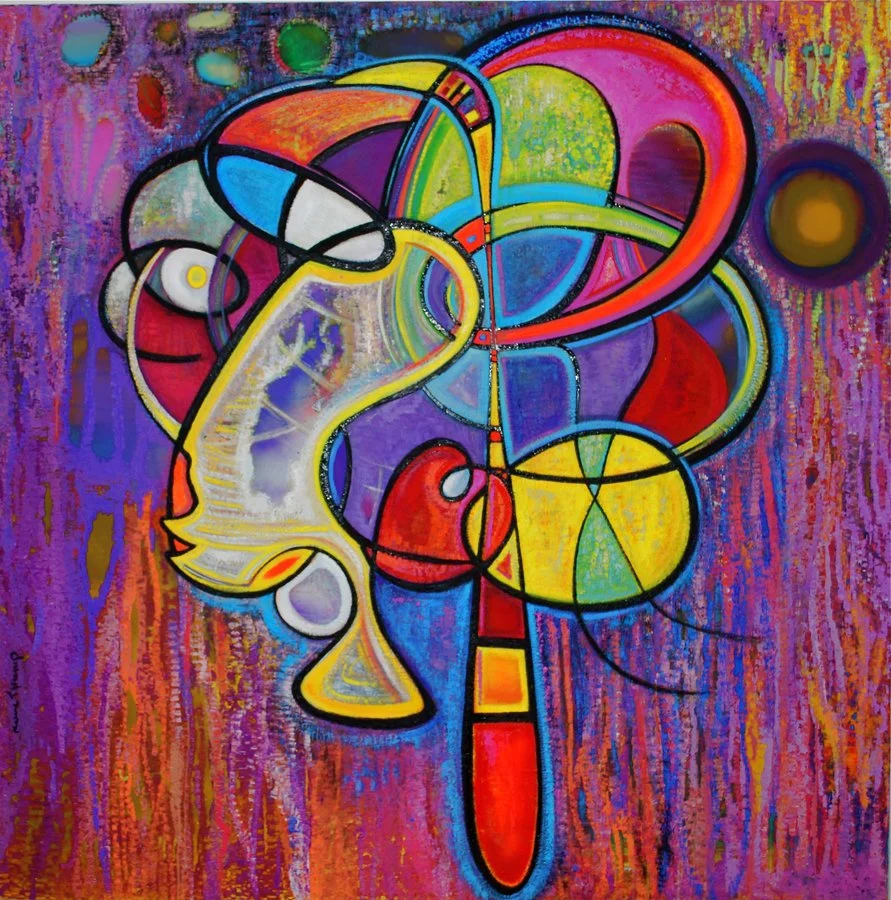 An abstract colorful painting featuring interconnected shapes and lines with bright colors like yellow, red, blue, purple, and green on a textured purple and orange background.