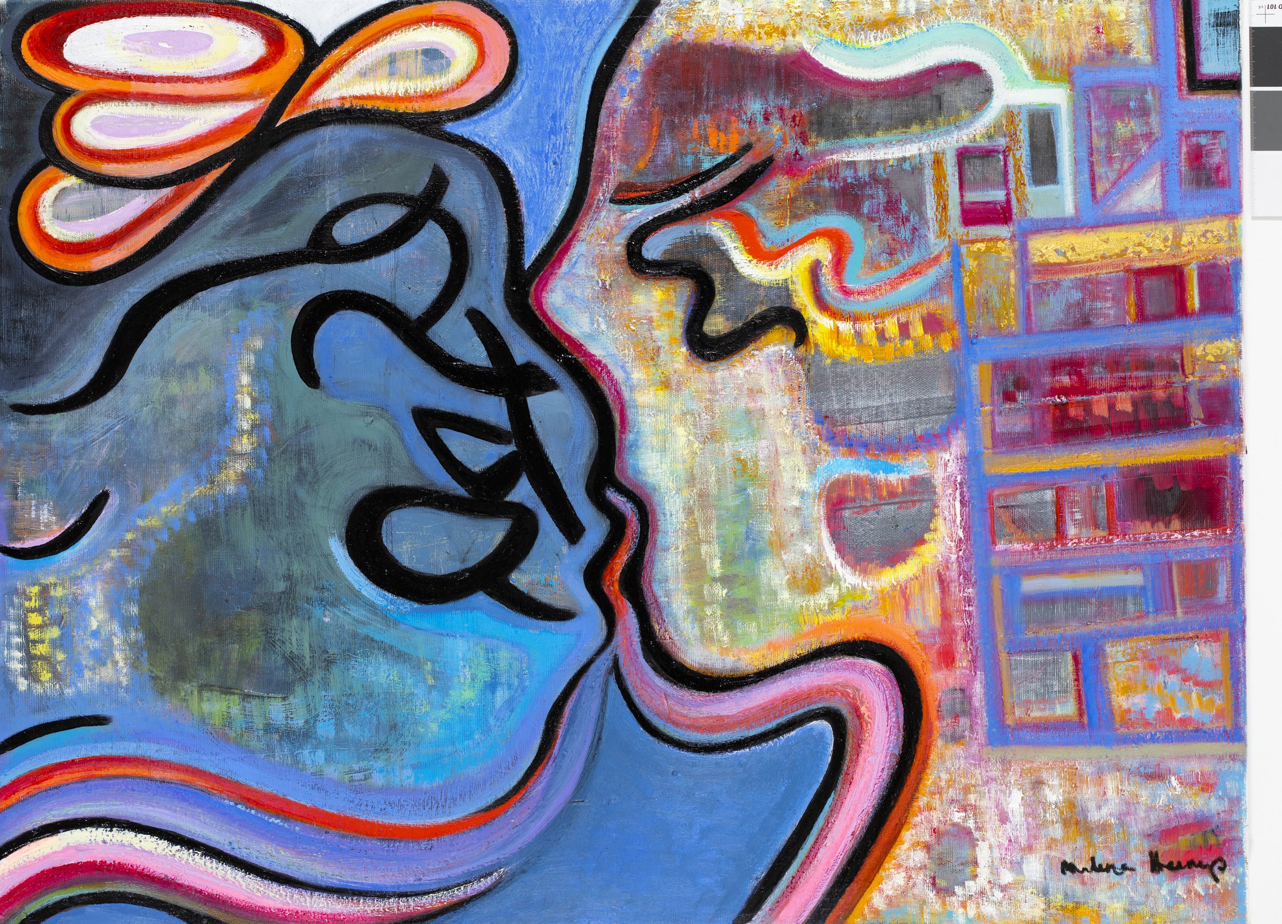 Colorful abstract painting depicting a side profile of a face with closed eyes, flowing hair, and a building in the background, with vibrant brushstrokes in blue, pink, orange, and yellow.