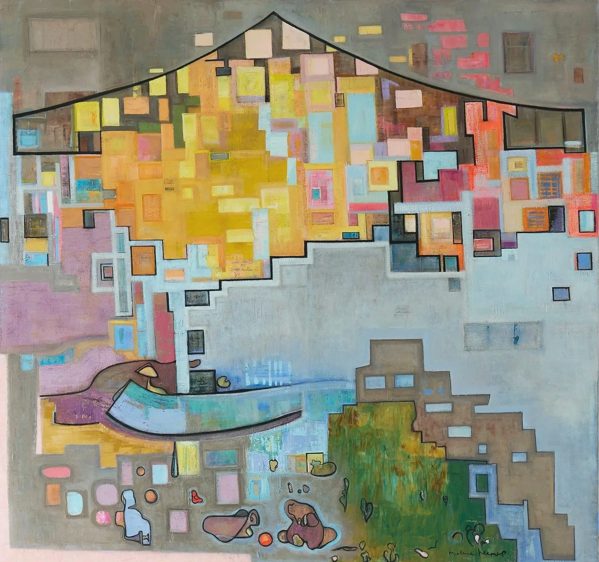 Abstract painting featuring a stylized house with a curved roof, surrounded by geometric shapes and vibrant colors including yellow, pink, orange, blue, and green.