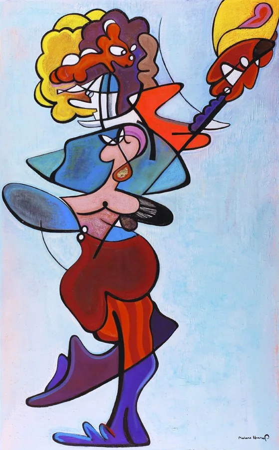 Abstract colorful painting of a woman with exaggerated features, wearing a large blue hat and red dress, holding a yellow and purple object, with swirling lines and vibrant colors.