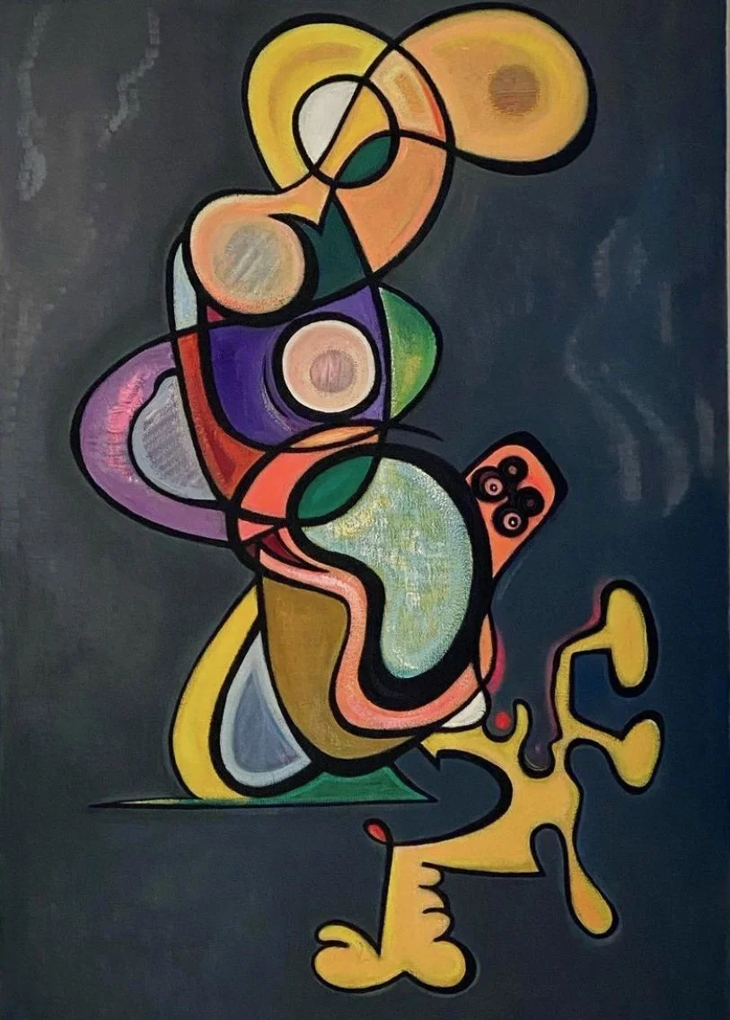 Abstract colorful painting with various shapes and lines, featuring a yellow, black, and orange character at the bottom right, on a dark background.
