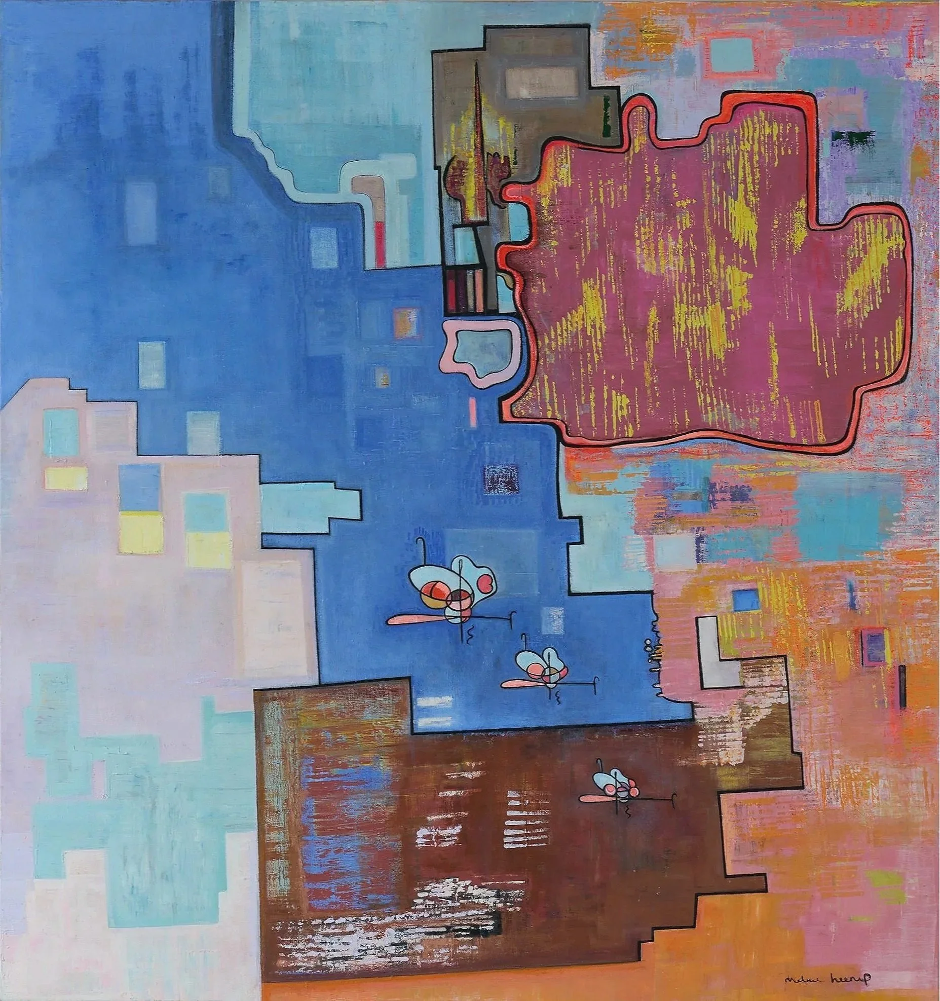 Abstract painting with colorful geometric shapes, lines, and figures in blue, pink, orange, and brown.