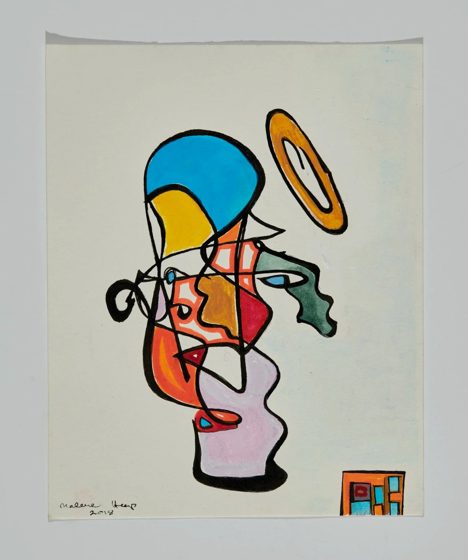 Abstract colorful line and shape drawing with blue, orange, yellow, red, green, purple, and black ink on white background, signed 'Madlene Heart 2018' in bottom left corner.