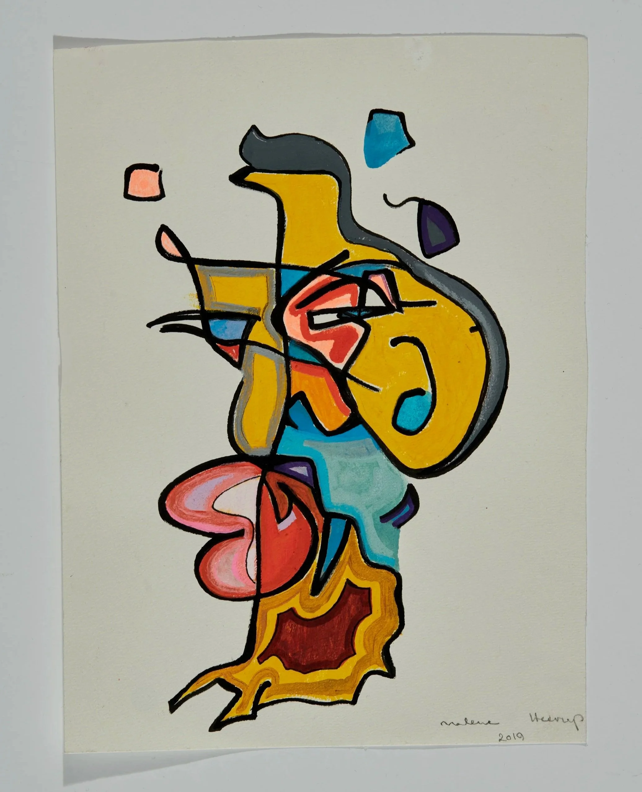 Abstract colorful painting with various shapes and lines, including a yellow shape, a blue shape, and red and pink elements, signed by the artist in 2019.