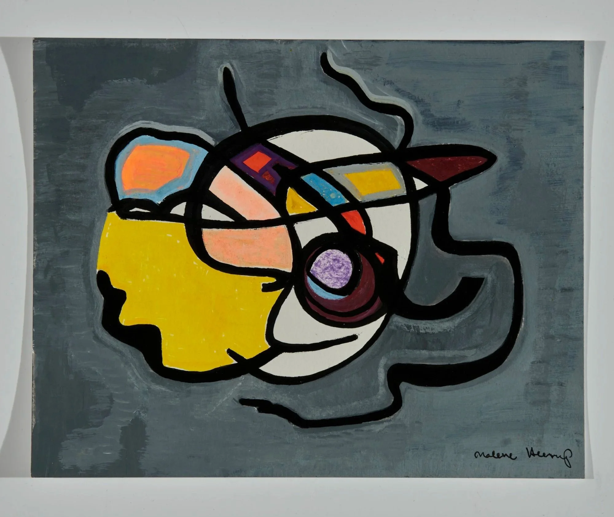 Abstract painting with colorful shapes and black outlines on a gray background, signed by the artist at the bottom right.