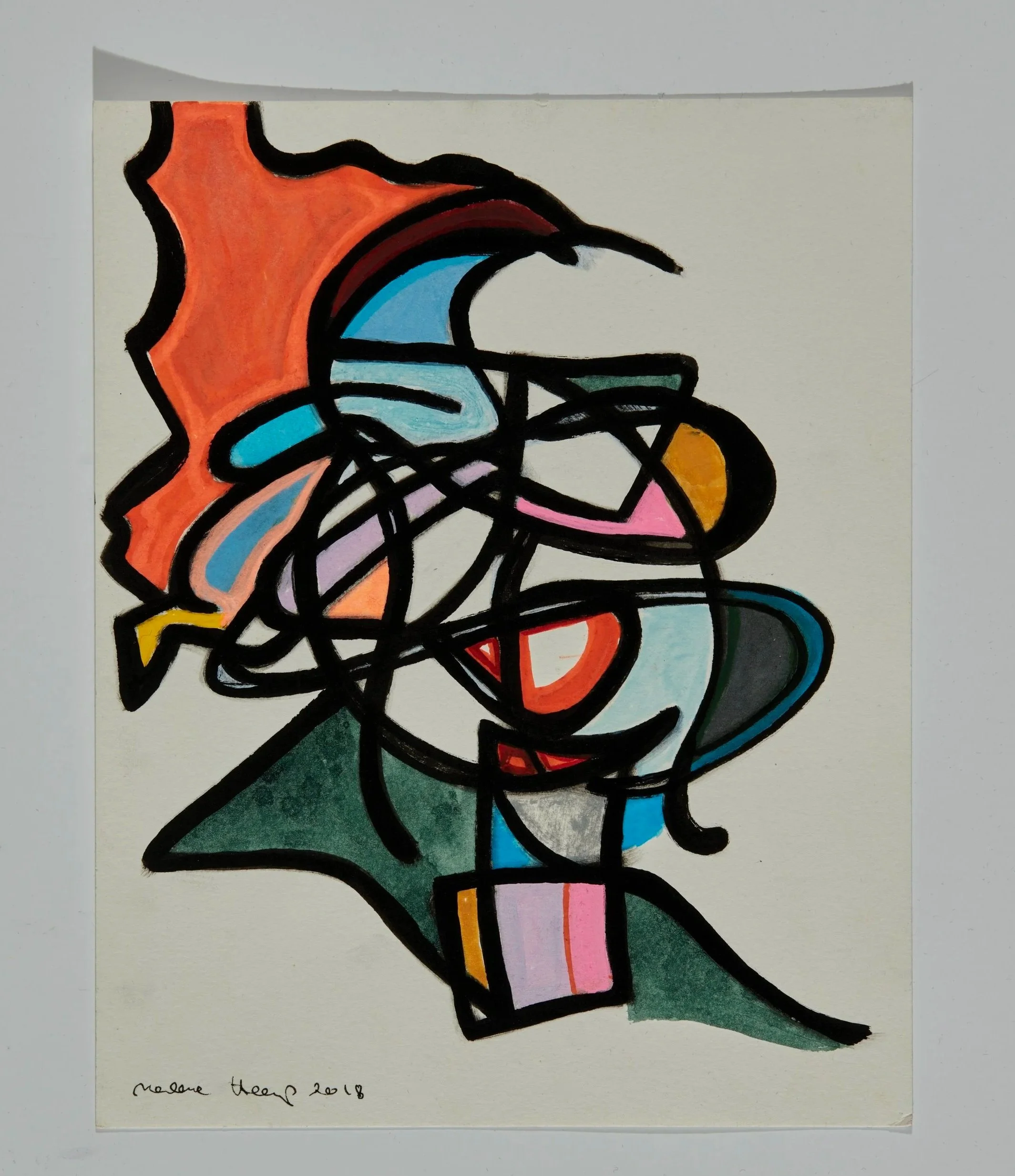 Abstract colorful artwork with black lines, including orange, blue, pink, green, and yellow shapes. Signed by the artist in the bottom left corner.