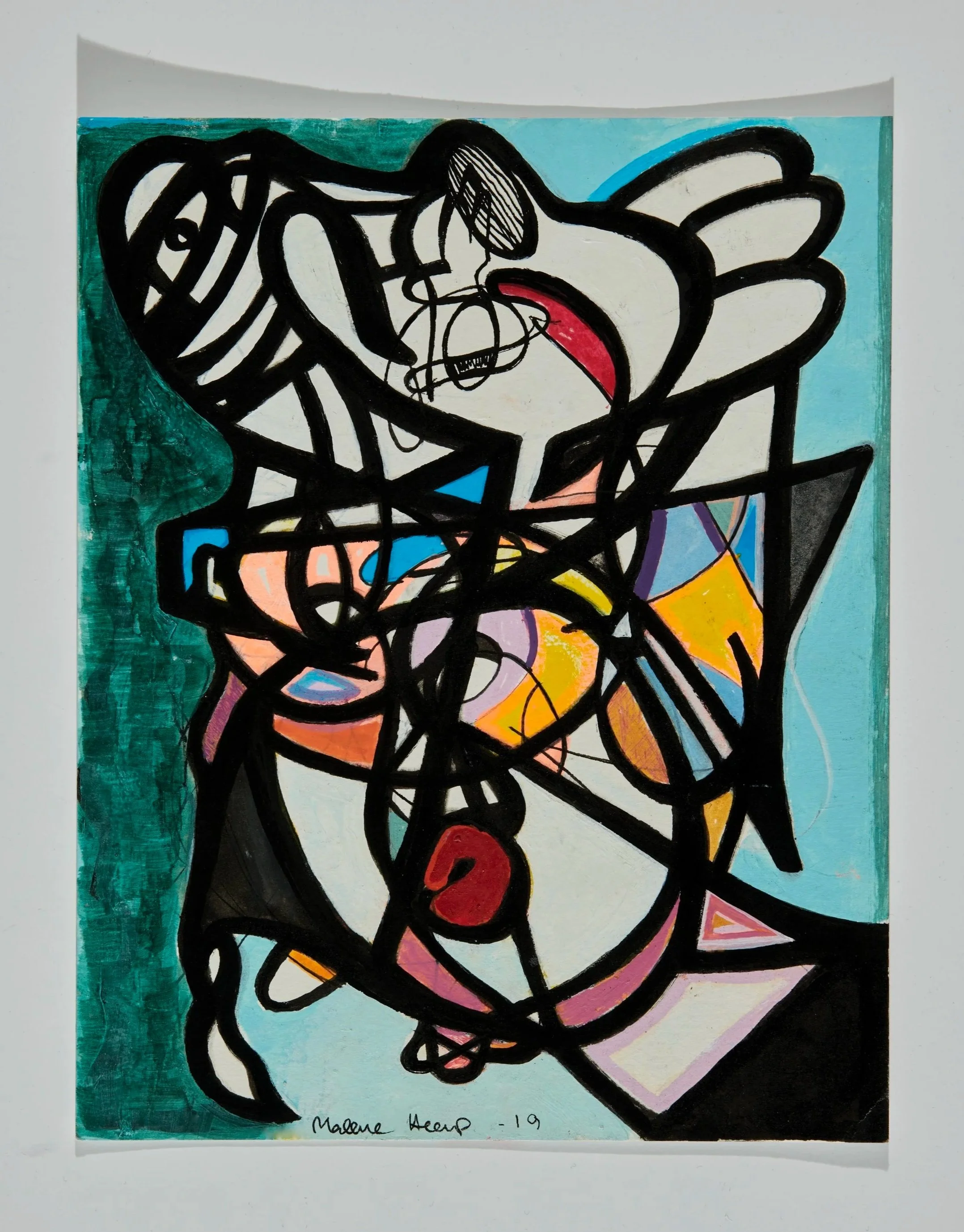 Abstract colorful artwork with black lines and various shapes, including a red circle, and a signature at the bottom reading 'Madame Heart -19'.