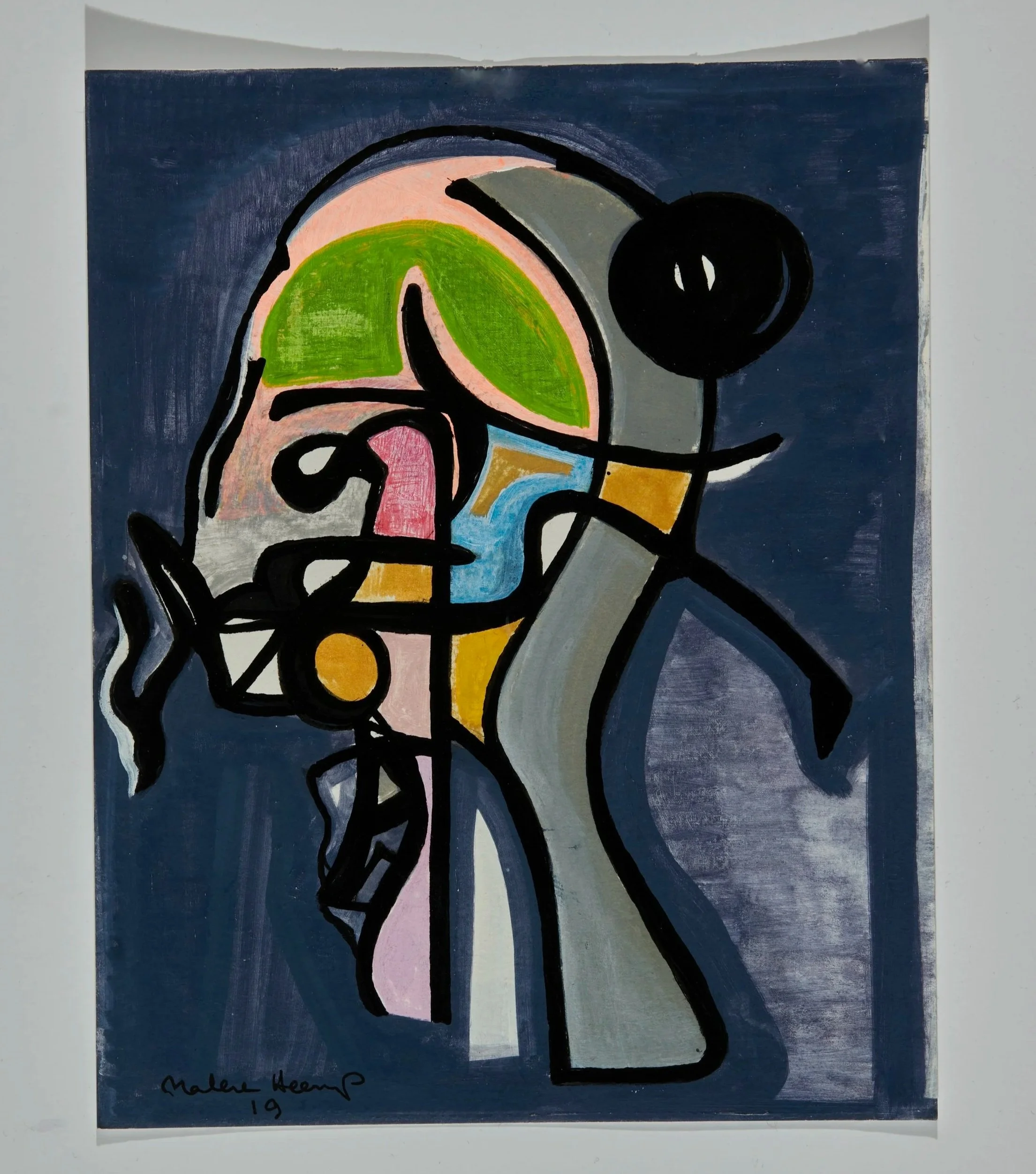 Abstract colorful portrait painting with black outlines, depicting a face with green hair, pink lips, blue and yellow elements, and dark background.