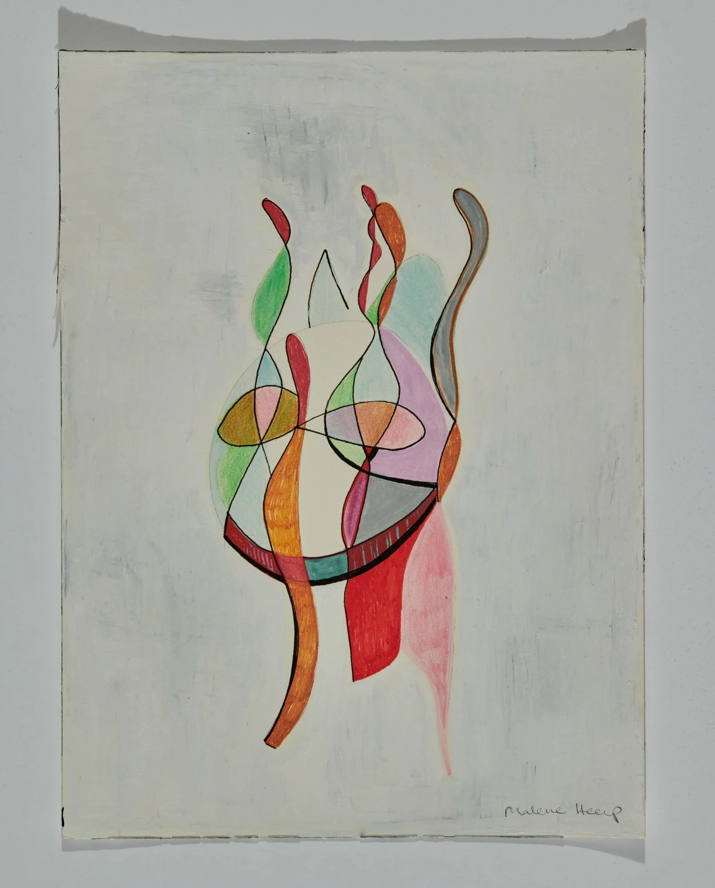 Abstract colorful line art with curved shapes on a white background, signed by Malene Heap.