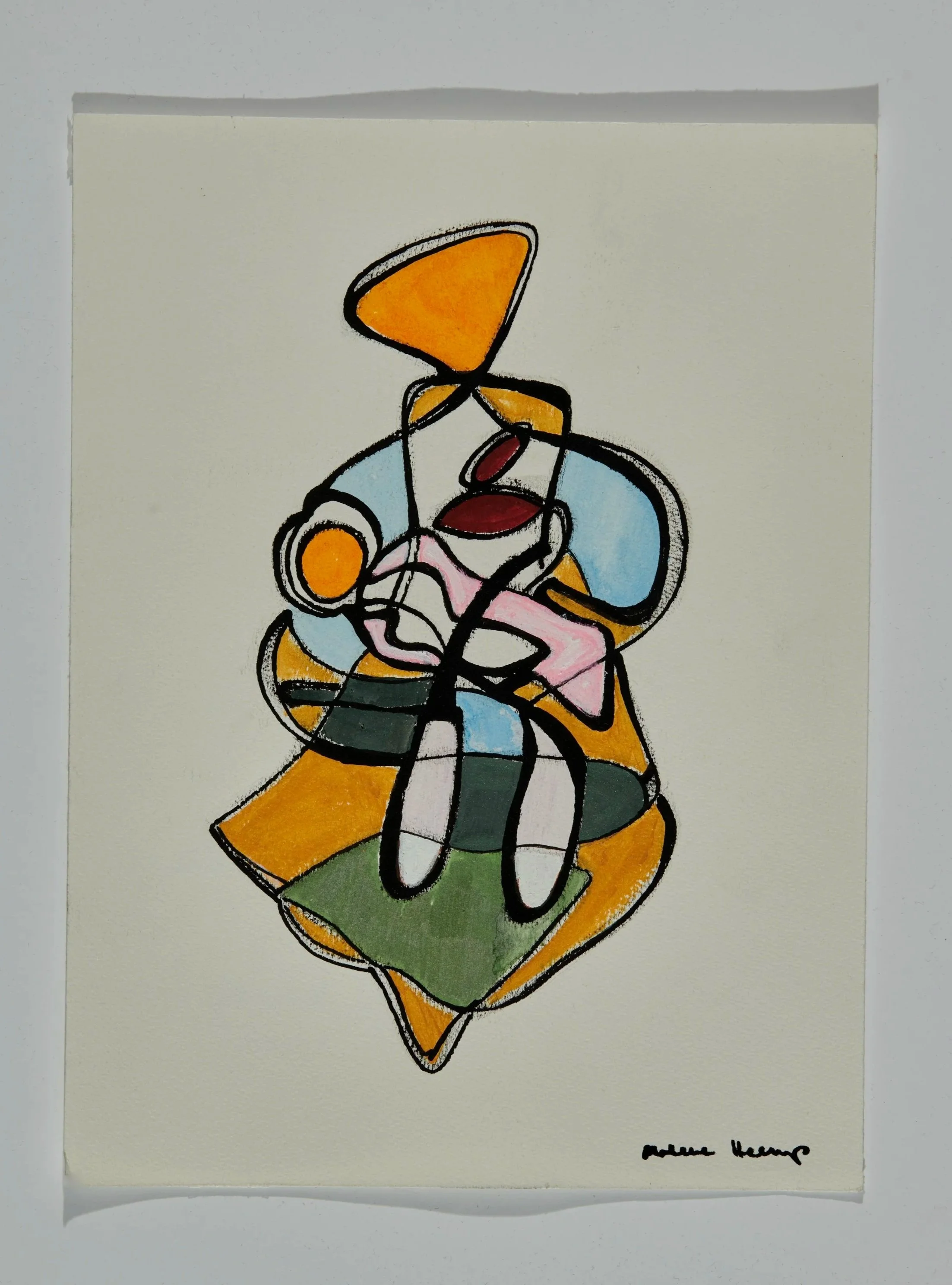 Abstract watercolor painting with black outlines, featuring shapes in orange, blue, pink, green, and red on a cream background.