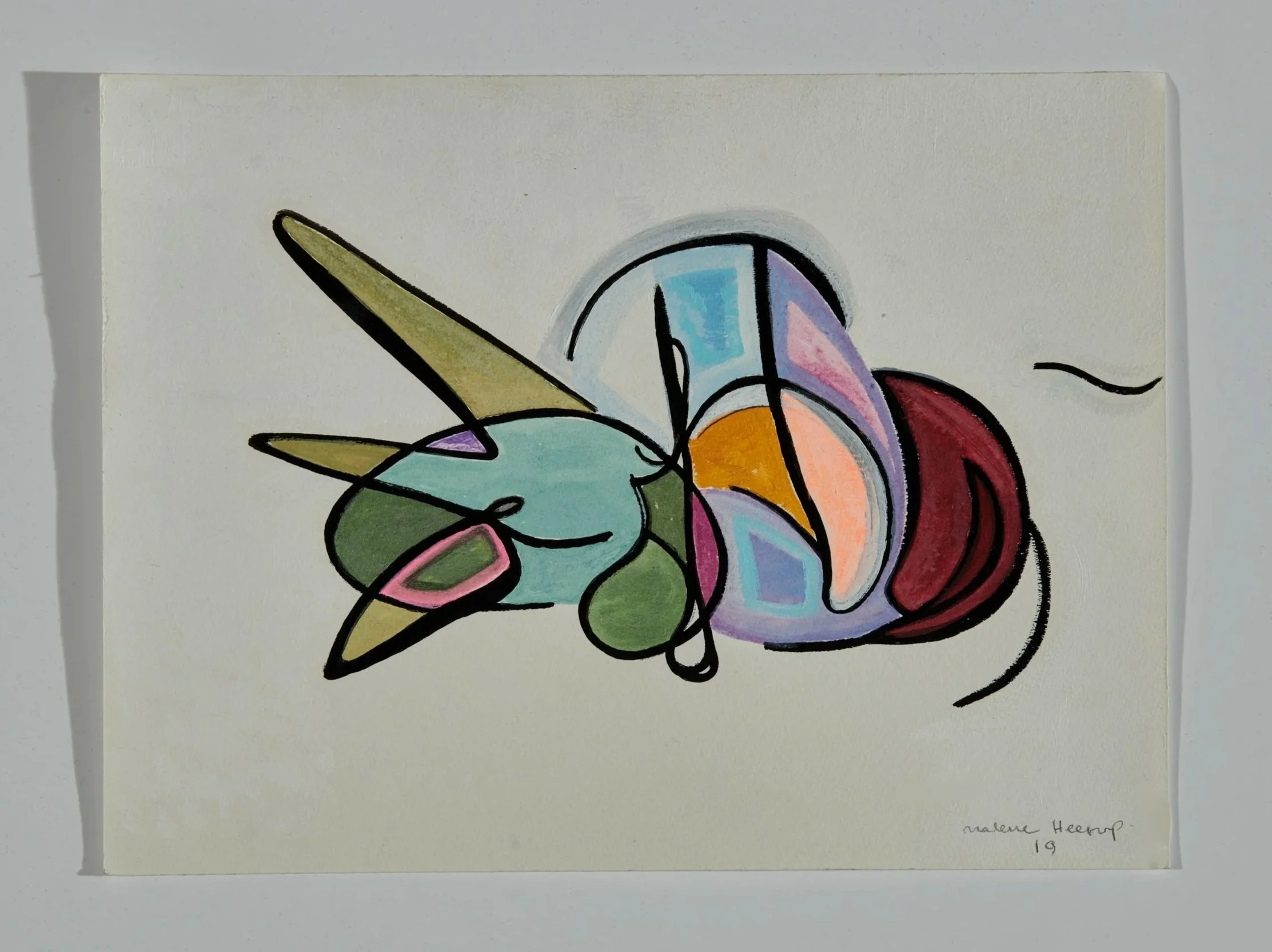 Abstract watercolor painting of a unicorn with pastel colors, black outlines, and the artist's signature in the bottom right corner.