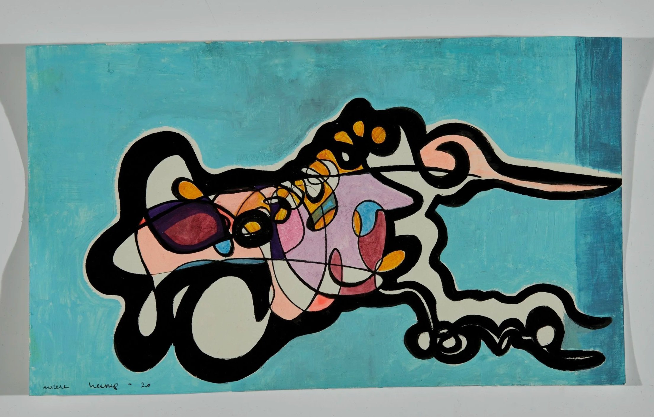 An abstract painting with colorful shapes outlined in black on a blue background.