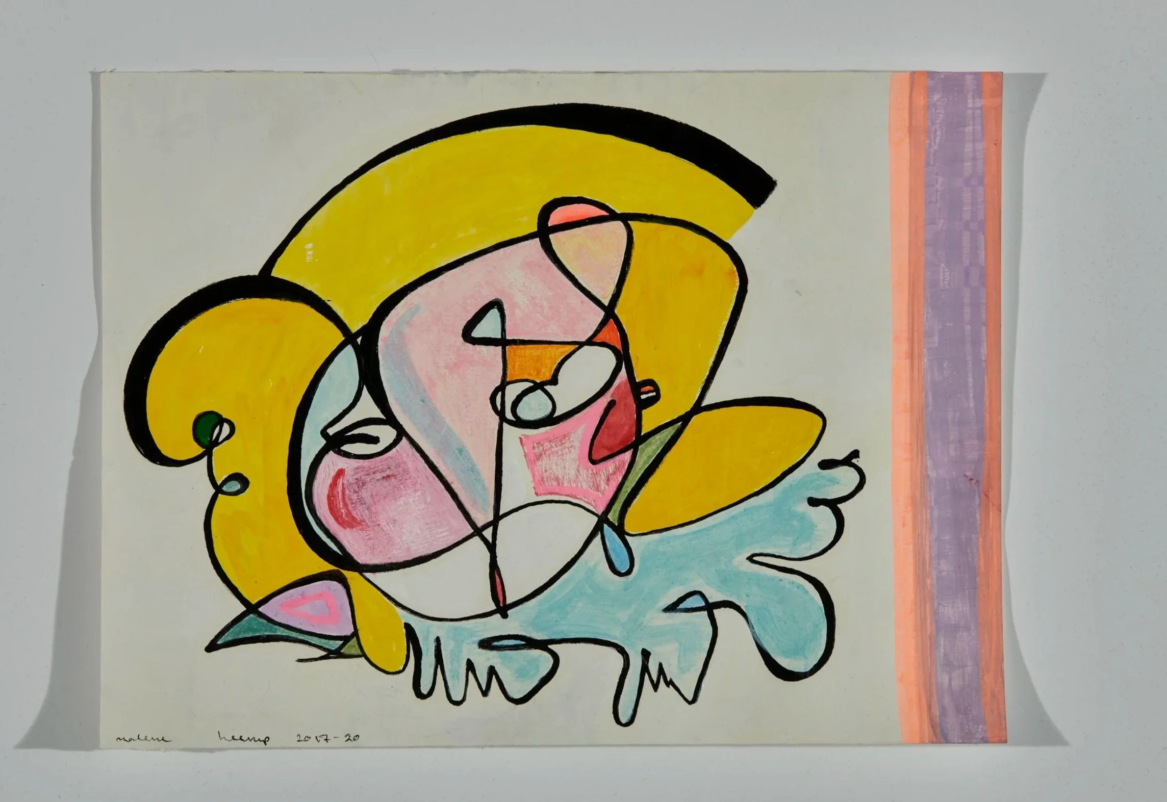 Abstract artwork featuring colorful shapes and black lines on a white background, with a purple and pink striped border on the right side.