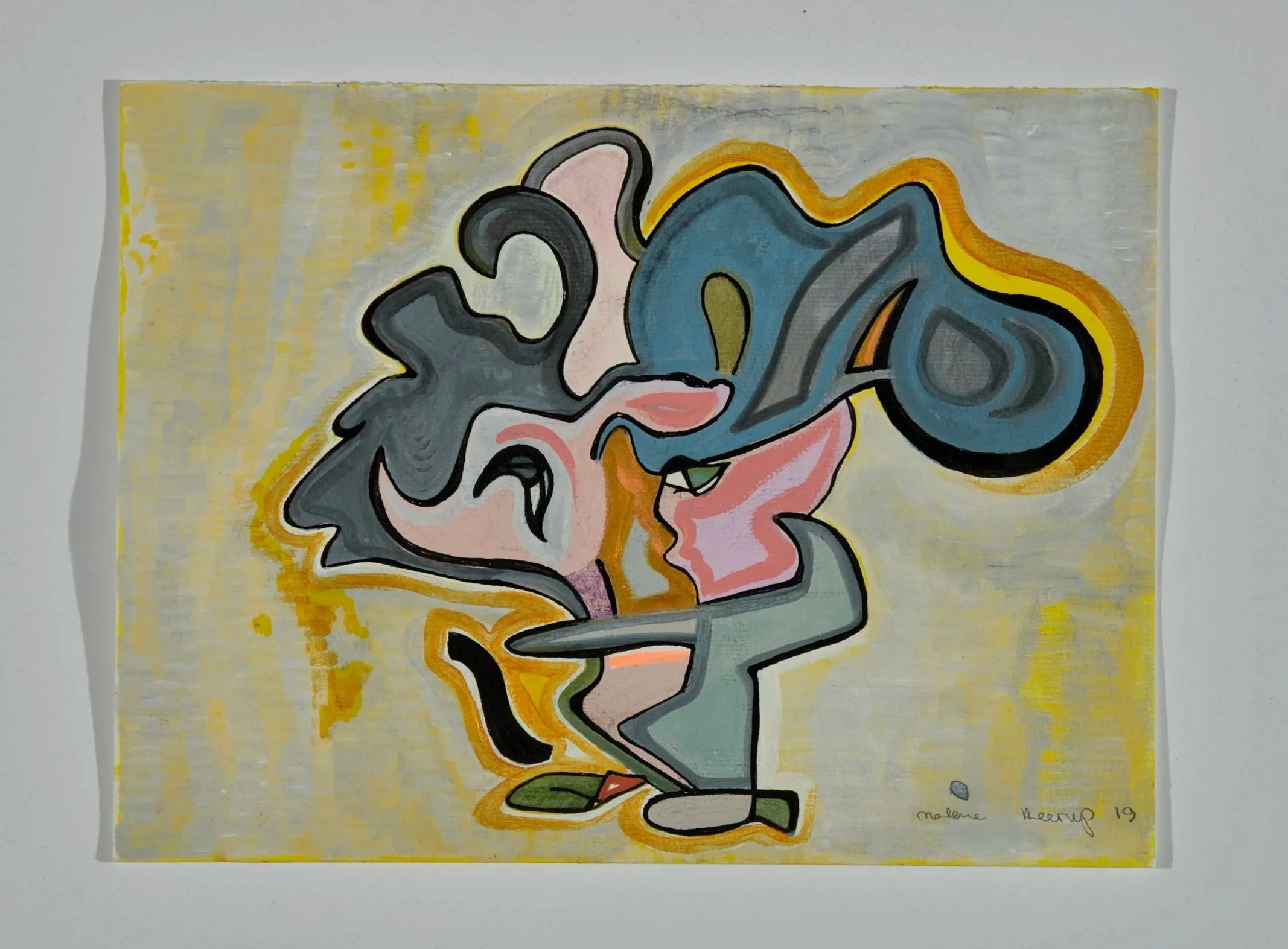 Abstract colorful street art painting on paper, with overlapping shapes and bold outlines, signed by Malene Keing 19.