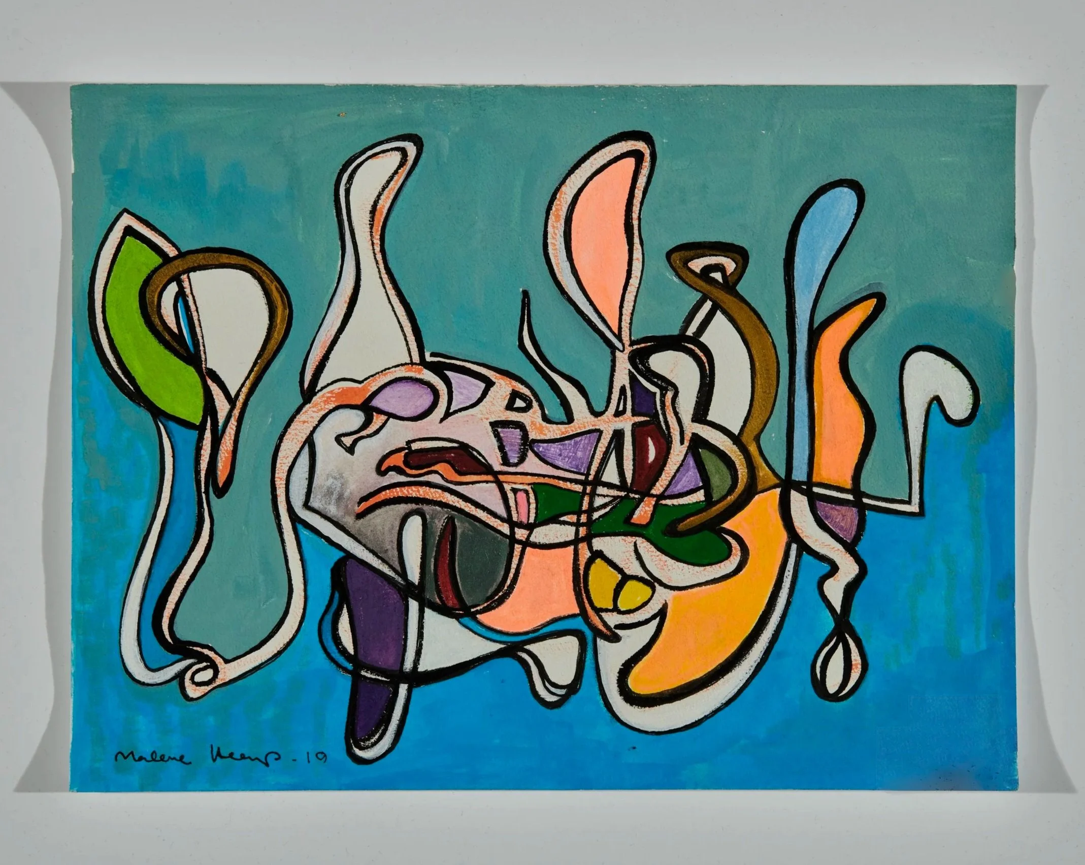 Abstract colorful painting with flowing black lines and geometric shapes on a teal background, signed by Malone Harris in 2019.