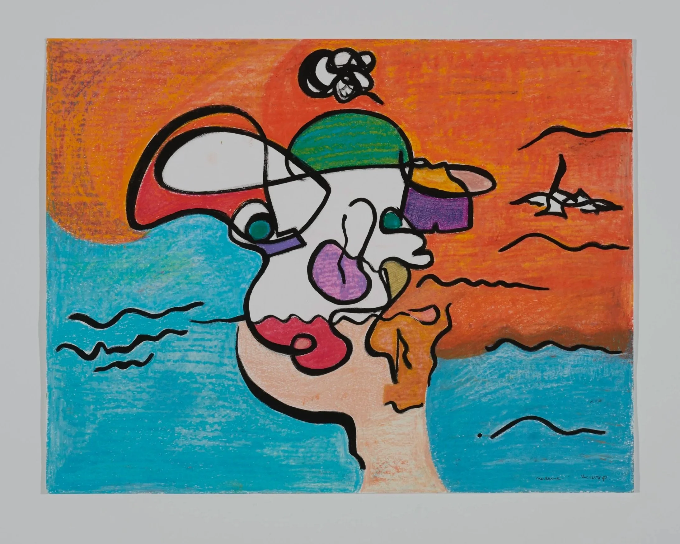 Colorful abstract drawing of a person's face combined with a map of Africa, ocean waves, and birds flying in the sky.