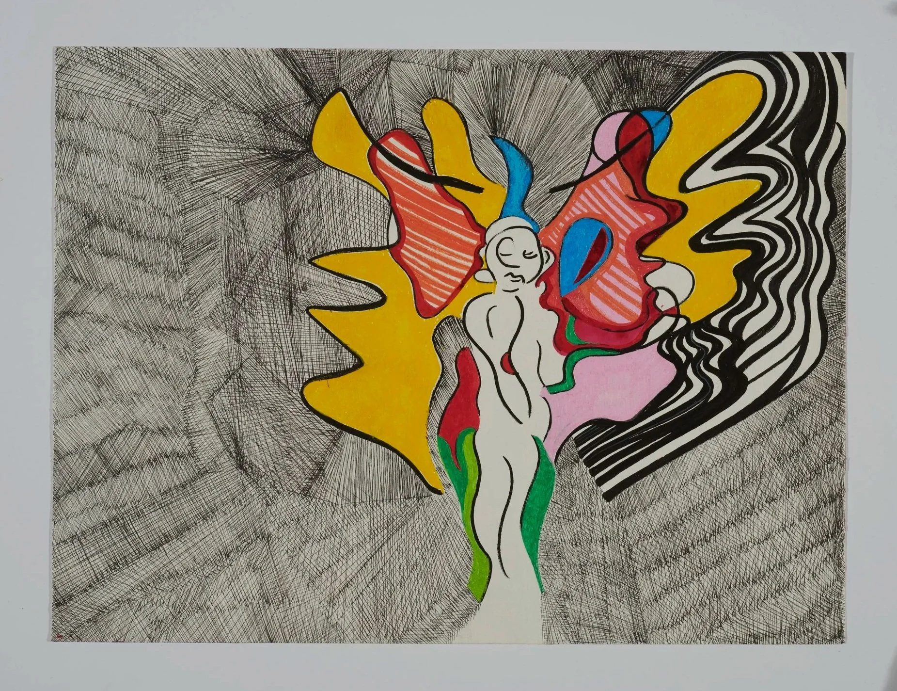 Abstract drawing with a central figure of a woman with closed eyes, surrounded by colorful shapes, black lines, and cross-hatching.