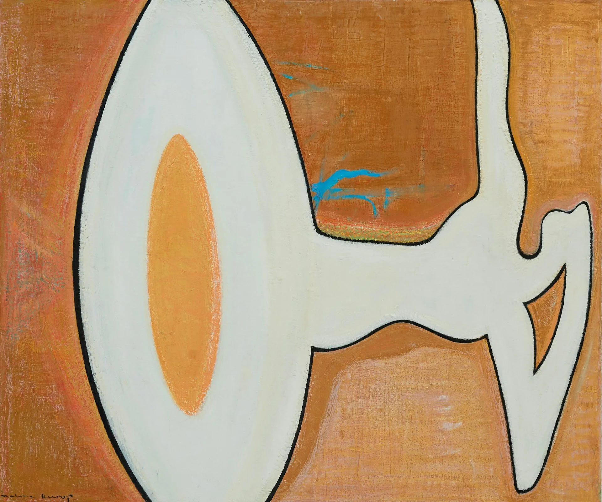 Abstract painting of a slice of melon with a white background and brown and orange surrounding areas, with black outlining.