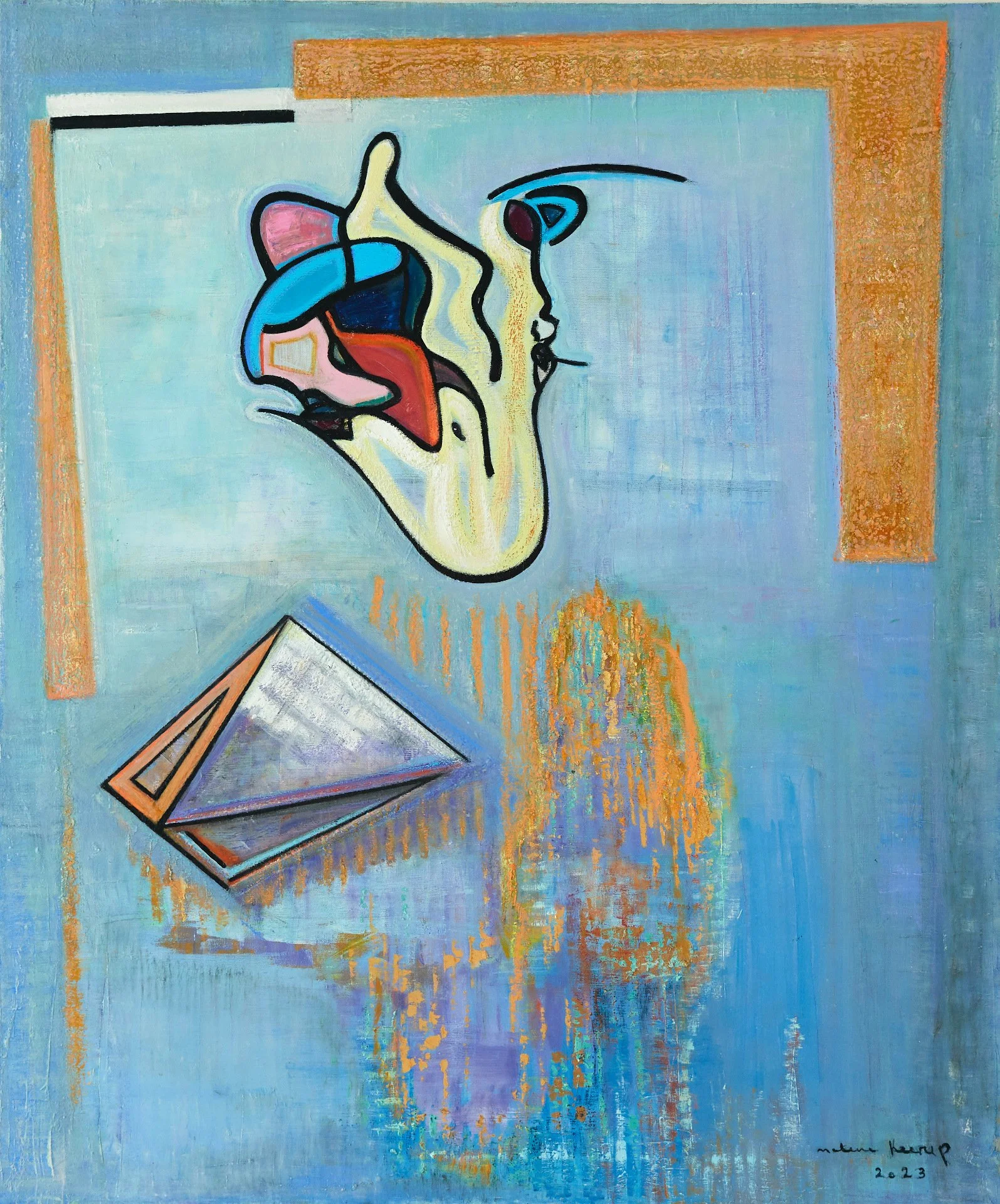 An abstract painting featuring a colorful, stylized face with a blue and red head, a profile of a face with a closed eye, and a geometric shape resembling a pyramid or a cube, painted on a pastel blue background with orange accents.