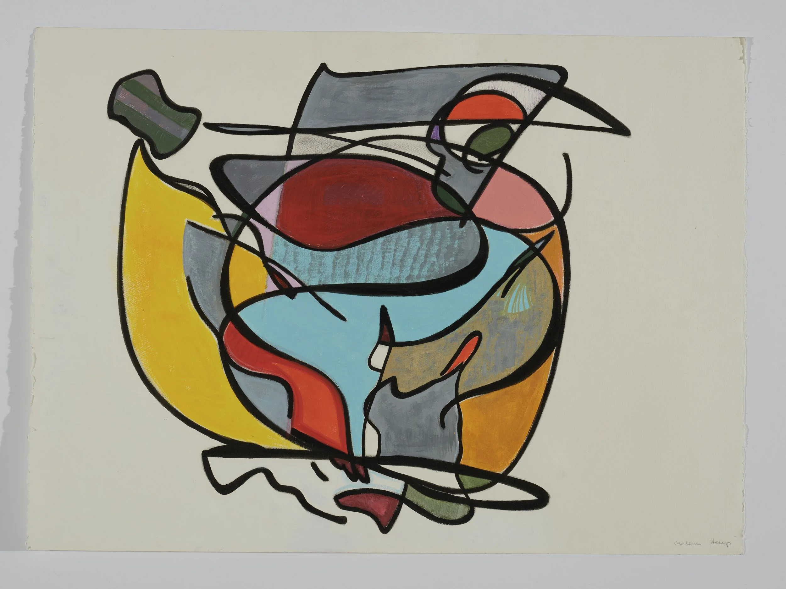 Abstract colorful drawing with black lines and shapes including red, yellow, blue, gray, green, purple, and orange elements.