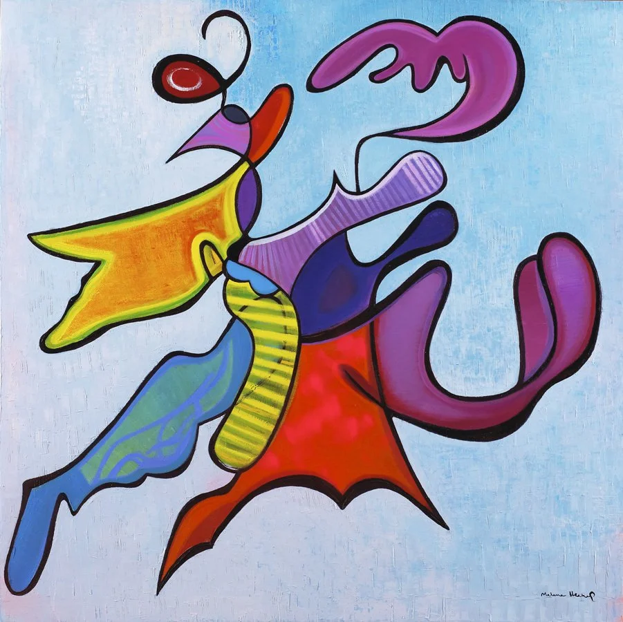 Abstract colorful painting with various shaped lines and shapes in purple, red, yellow, green, blue, and black on a light blue background.